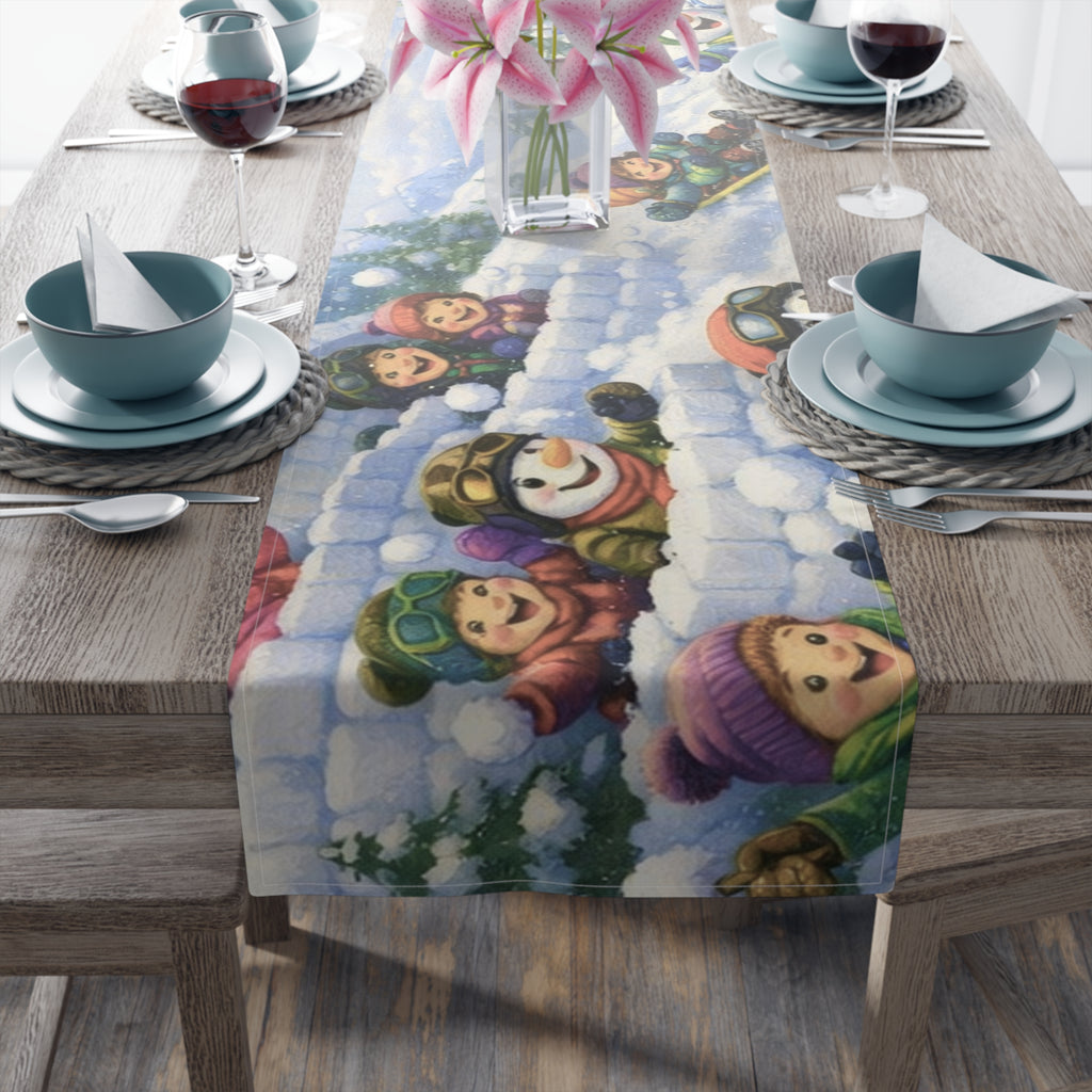 Snowman Winter Scene Table Runner | Holiday Snowball Fight