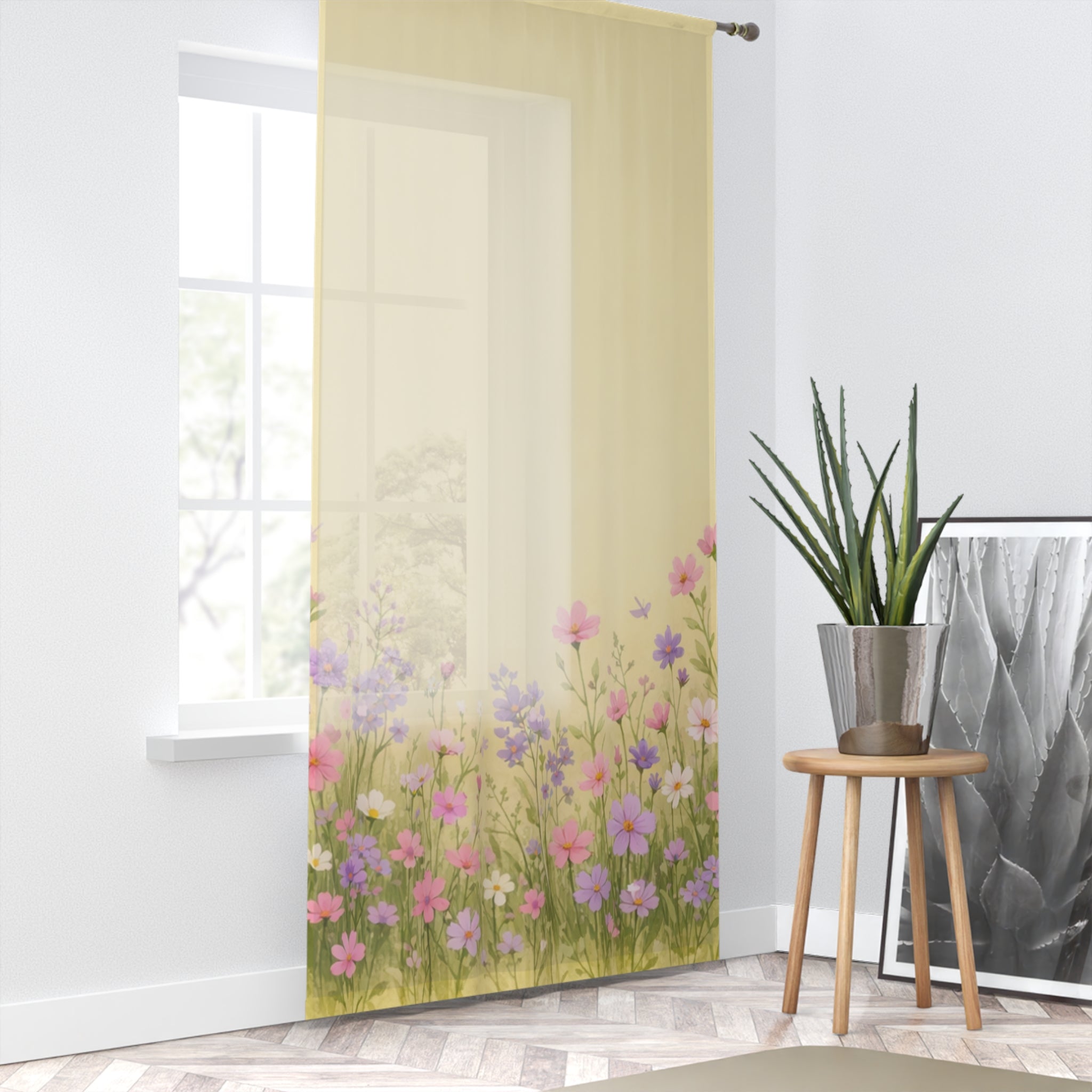Floral Meadow Sheer Window Curtain /Soft Pink & Lavender Wildflower Design
