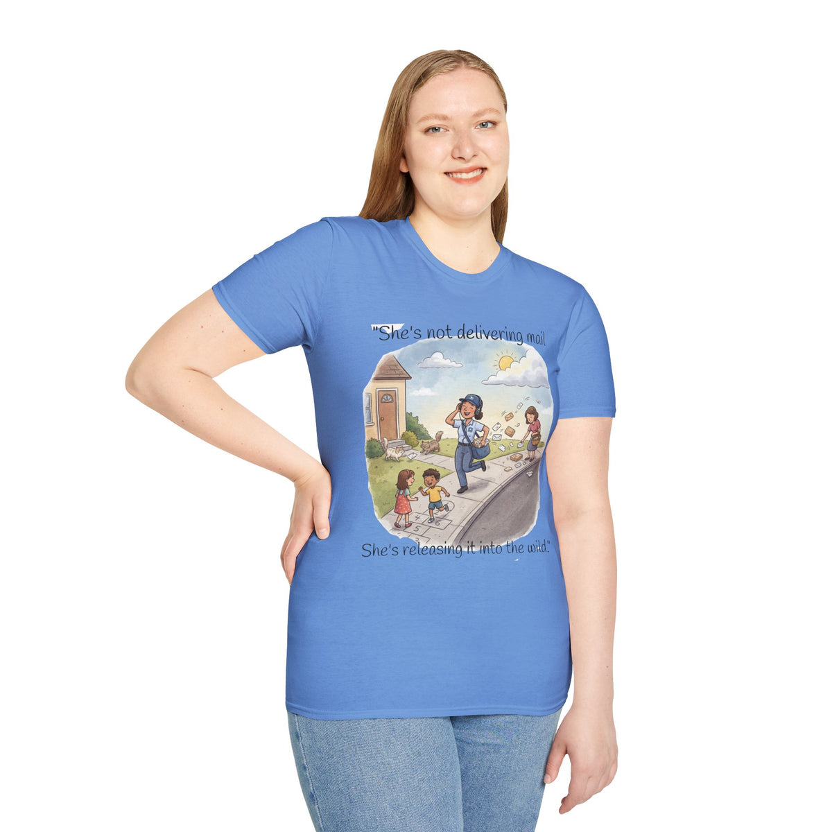 T‑Shirt – "She’s not delivering mail, she’s delivering a little wind" Cute Postal Worker Illustration Tee