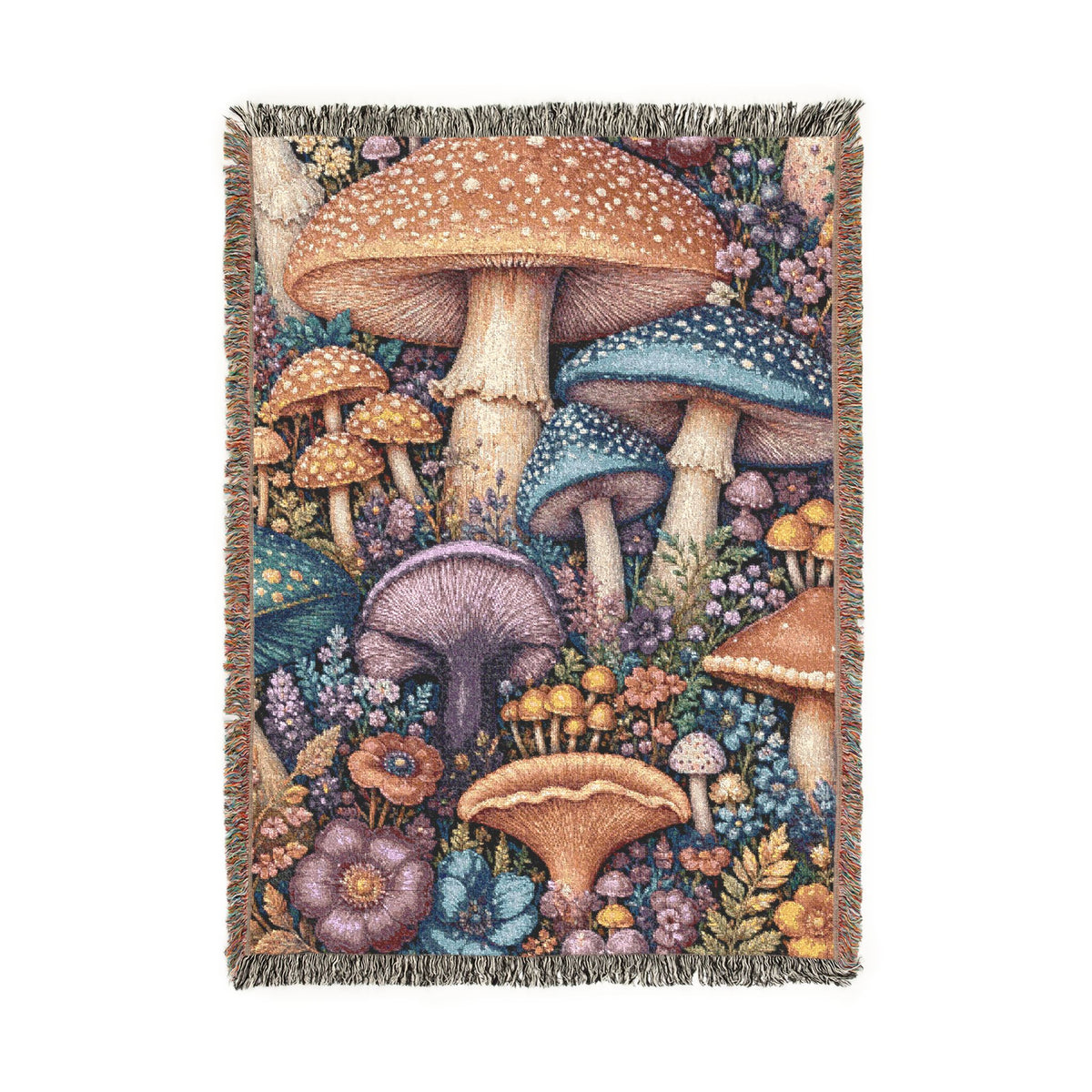 Mushroom Meadow Woven Blanket - Fungi Tapestry Throw