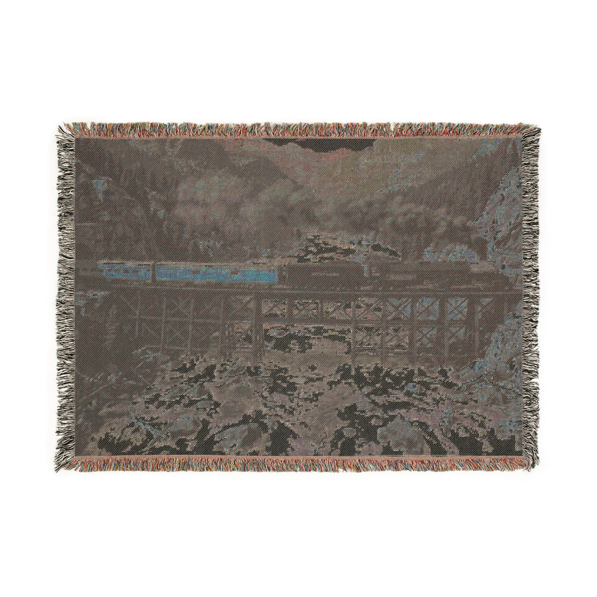 Mountain Train Landscape Woven Blanket | Scenic River Throw