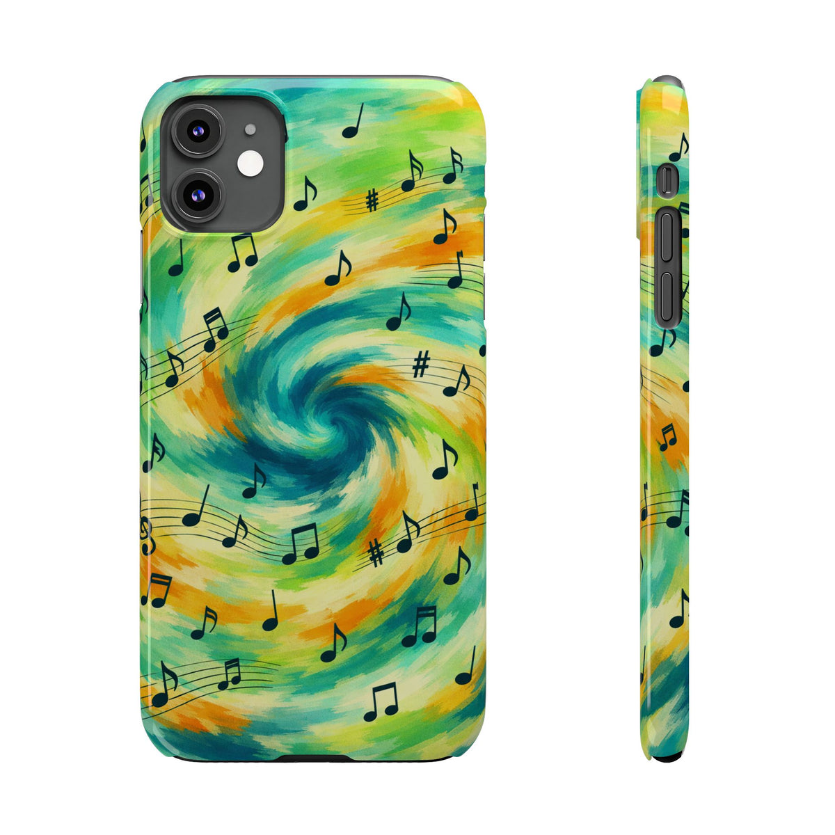 Music Notes Swirl Slim Phone Case | Colorful Turquoise Yellow Galaxy