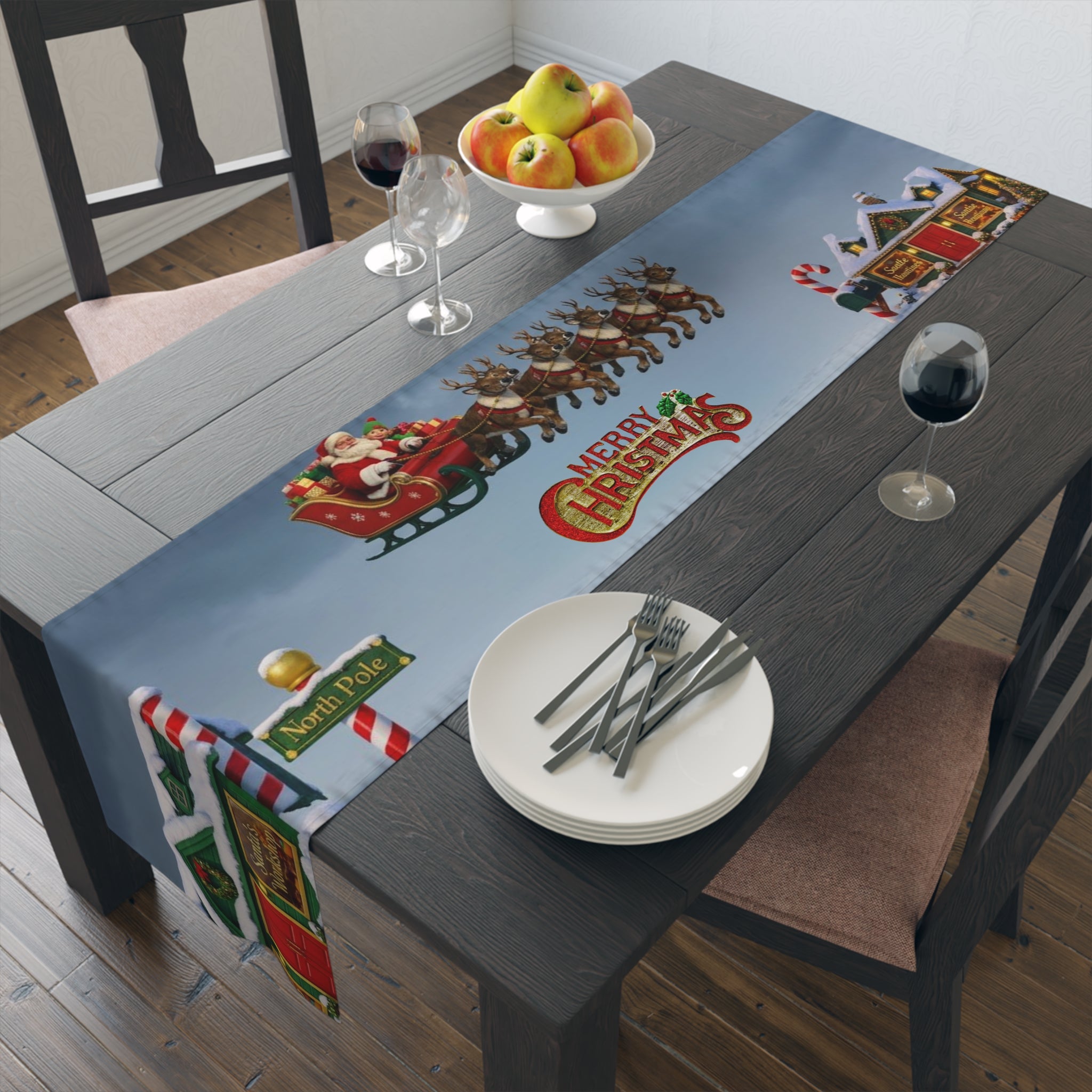 Christmas Village Scene Table Runner | Holiday Snowy Cottage Design