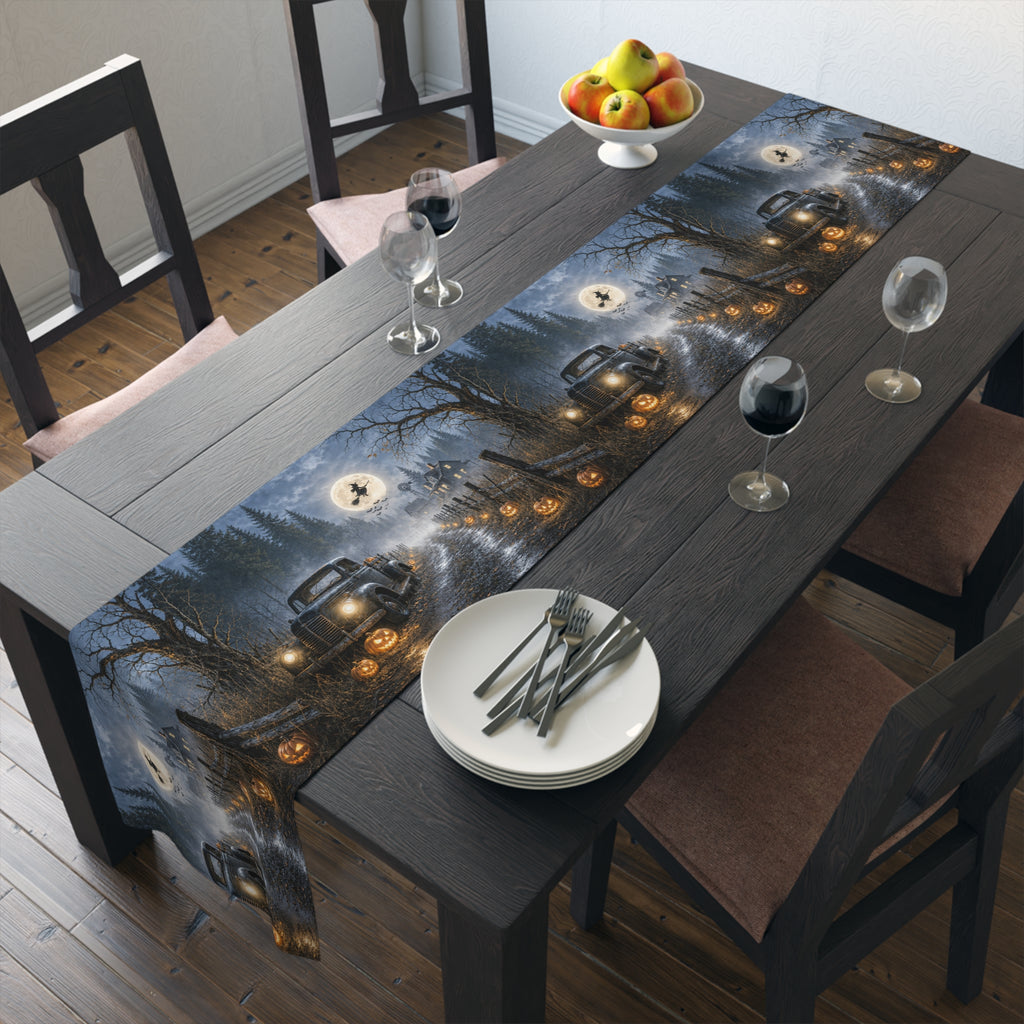 Spooky Truck Halloween Table Runner | Pumpkin Lined Road, Full Moon