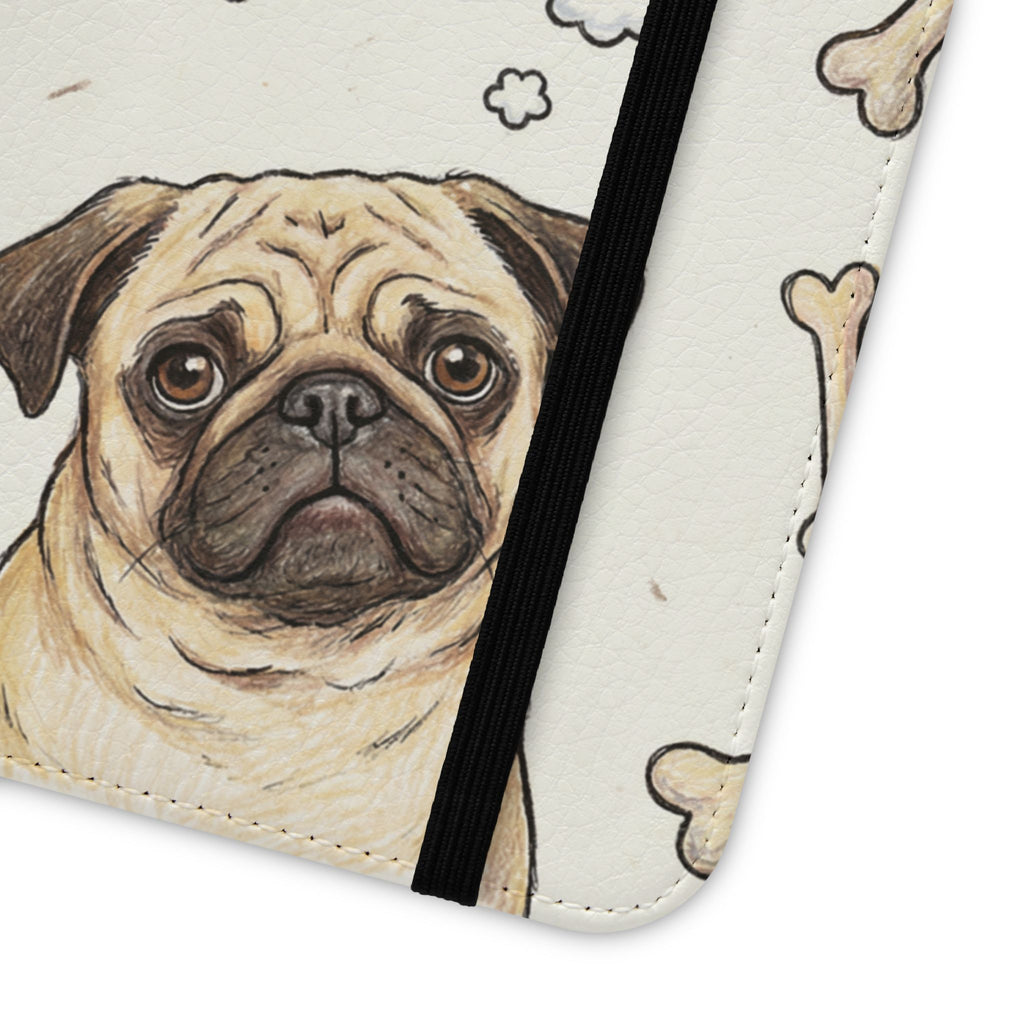 Pug & Bones Phone Flip Case / Cute Dog Wallet Cover