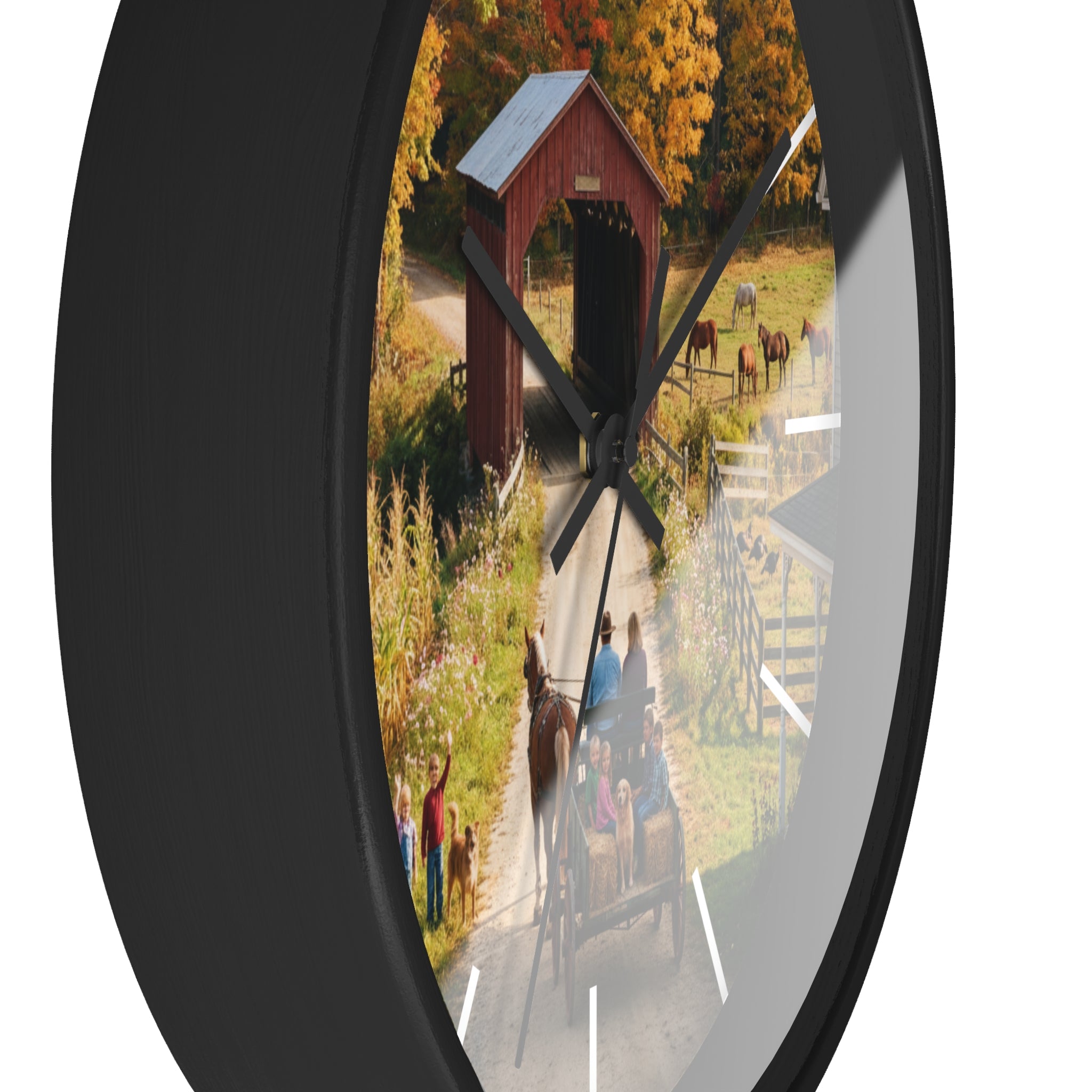 Autumn Covered Bridge Wall Clock / Country Wagon & Fall Scenery