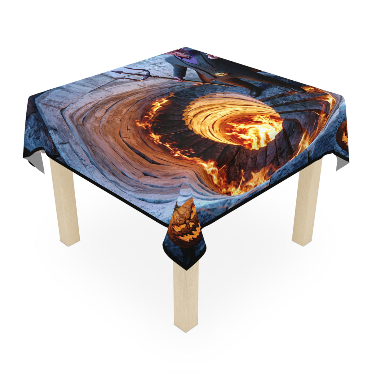 Devil Over Fiery Well Tablecloth | Jack-O'-Lantern Corners – Halloween Table Decor