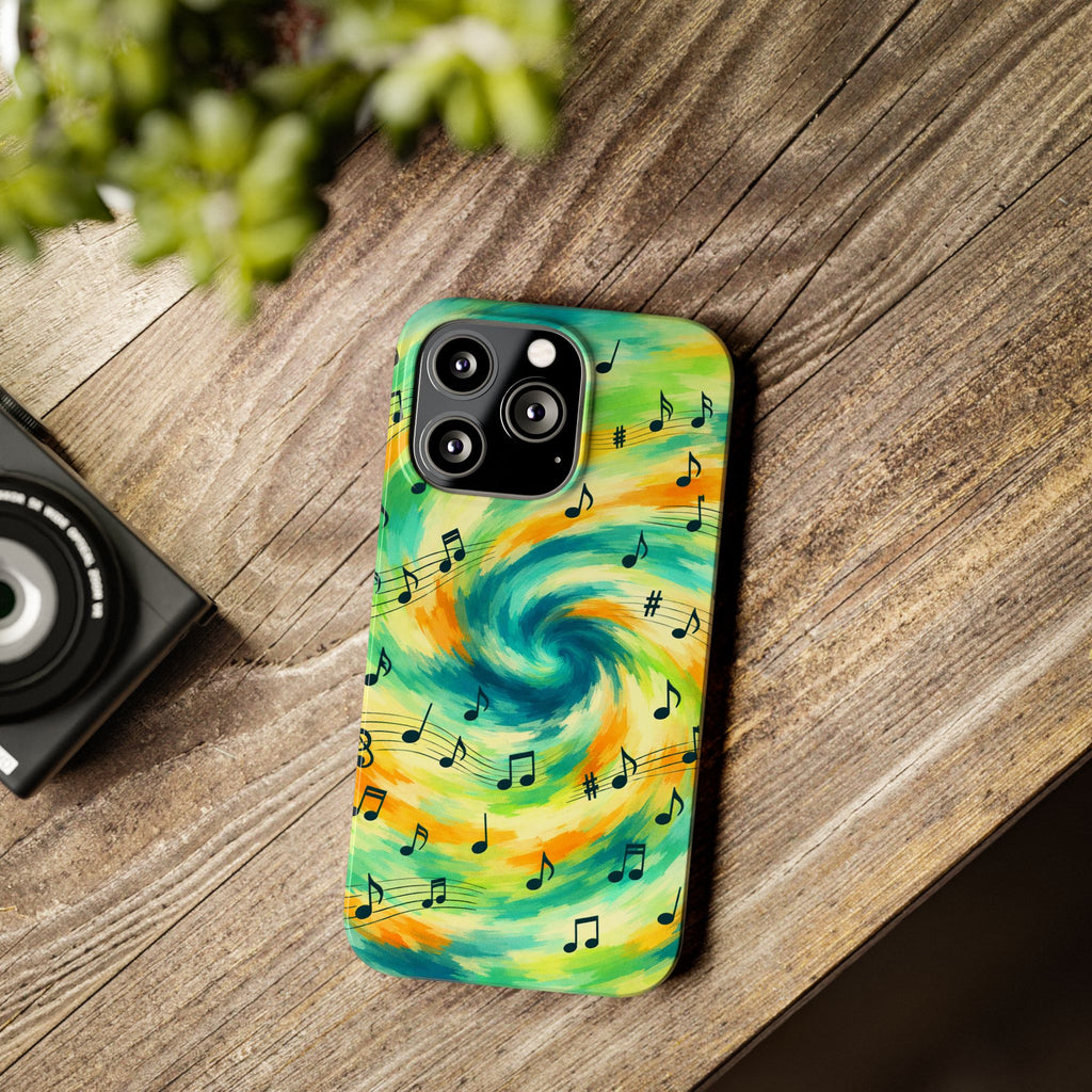 Music Notes Swirl Slim Phone Case | Colorful Turquoise Yellow Galaxy