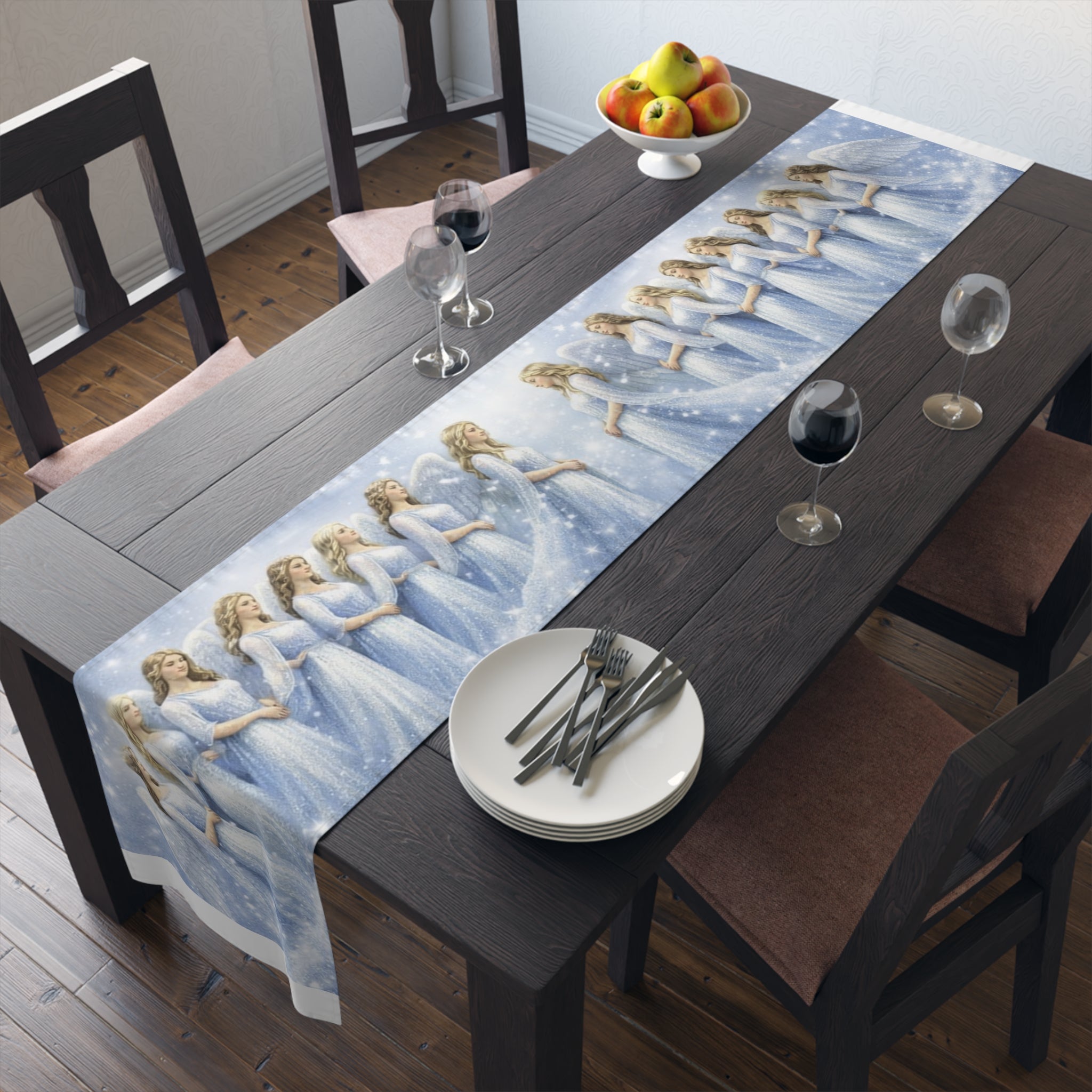Angelic Women Illustration Table Runner | Heavenly Figures, Soft Pastel