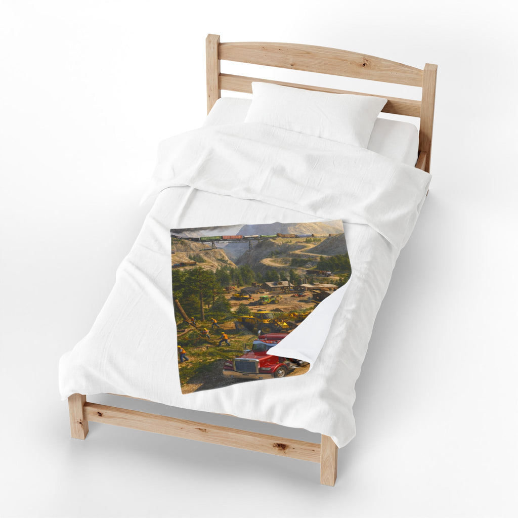 Red Tractor Logging Scene Velveteen Plush Blanket | Quarry Train Illustration