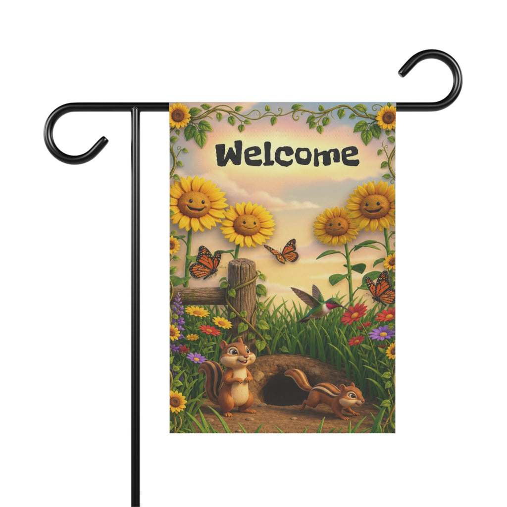 Chipmunks & Sunflowers Welcome Banner flag | Garden House Porch Decor