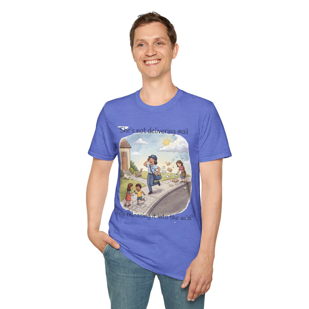 T‑Shirt – "She’s not delivering mail, she’s delivering a little wind" Cute Postal Worker Illustration Tee