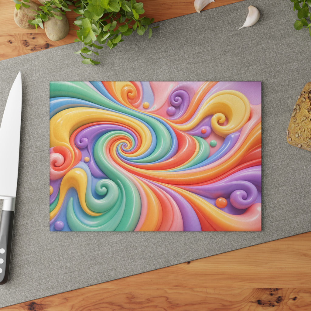 Rainbow Swirl Glass Cutting Board | Pastel Spiral Kitchen Decor