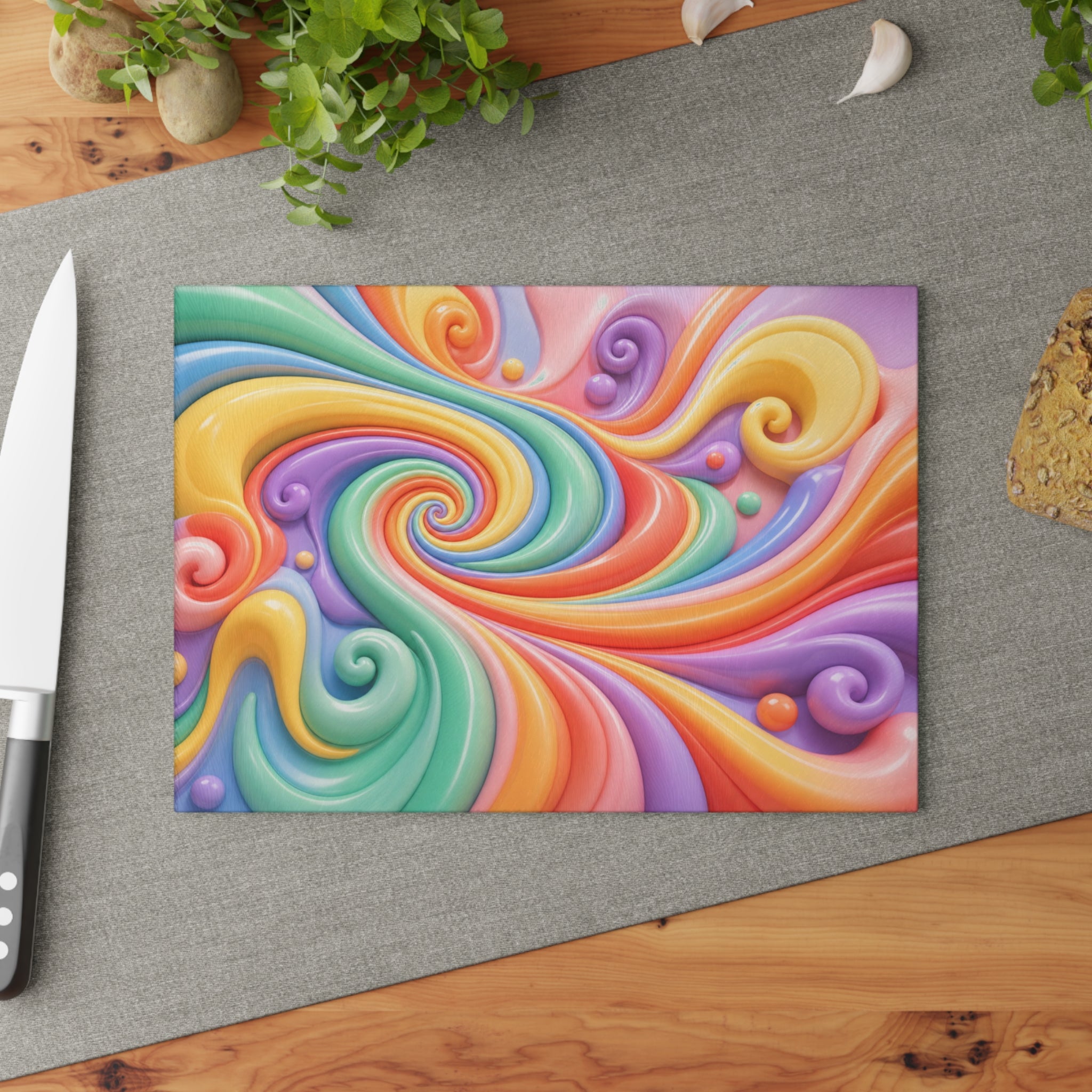 Rainbow Swirl Glass Cutting Board | Pastel Spiral Kitchen Decor