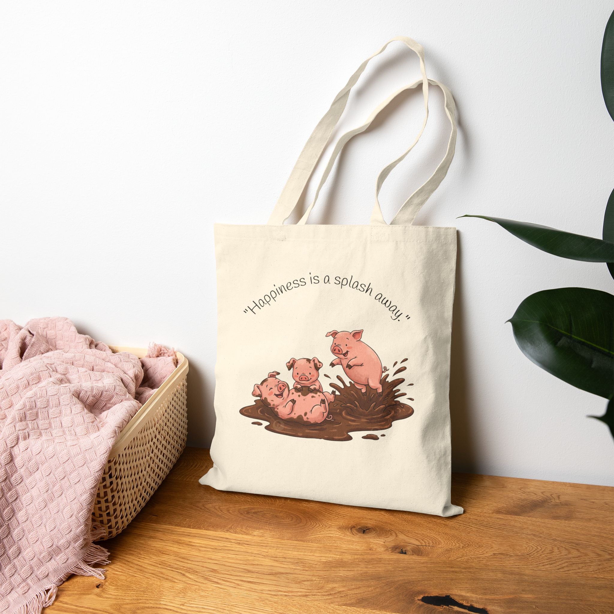 Tote Bag / 'Happiness is a Splash Away' Muddy Pig Illustration Cotton Tote