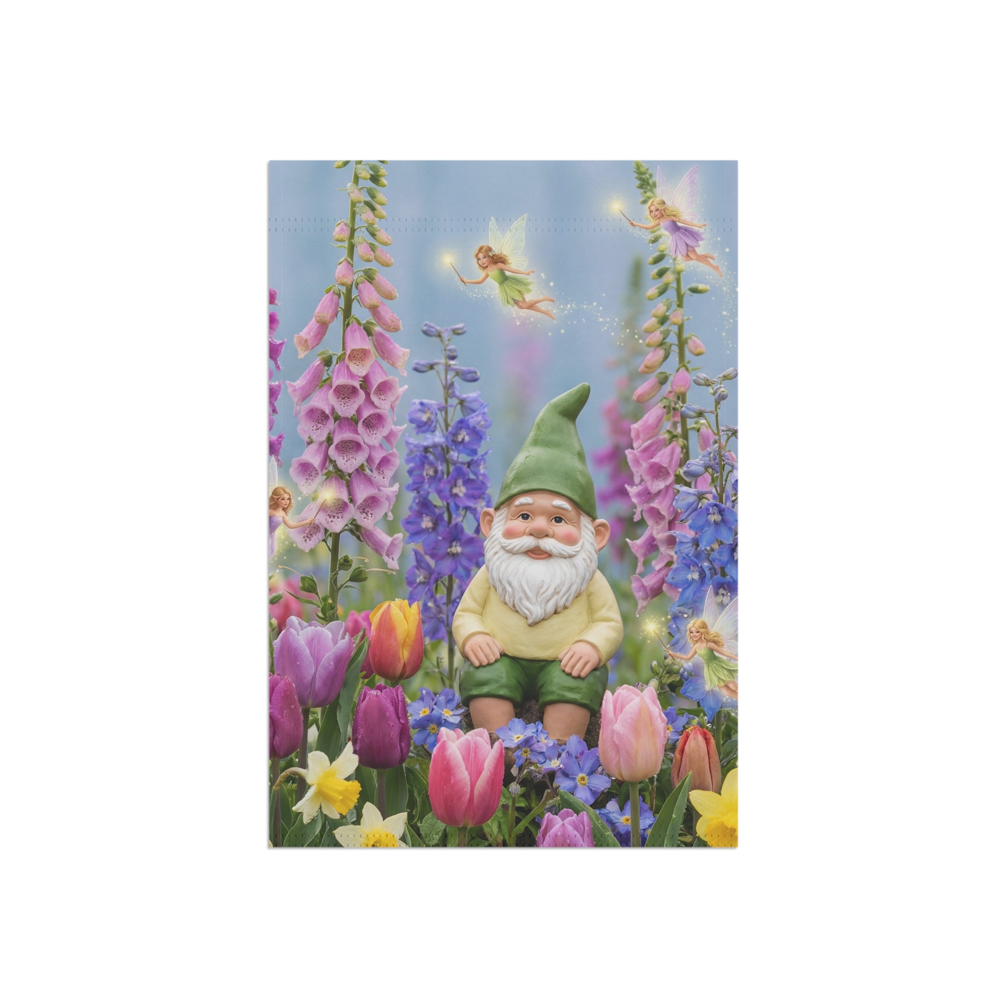Gnome in Tulip Garden Banner | Garden Flag, Spring Floral Yard Decor