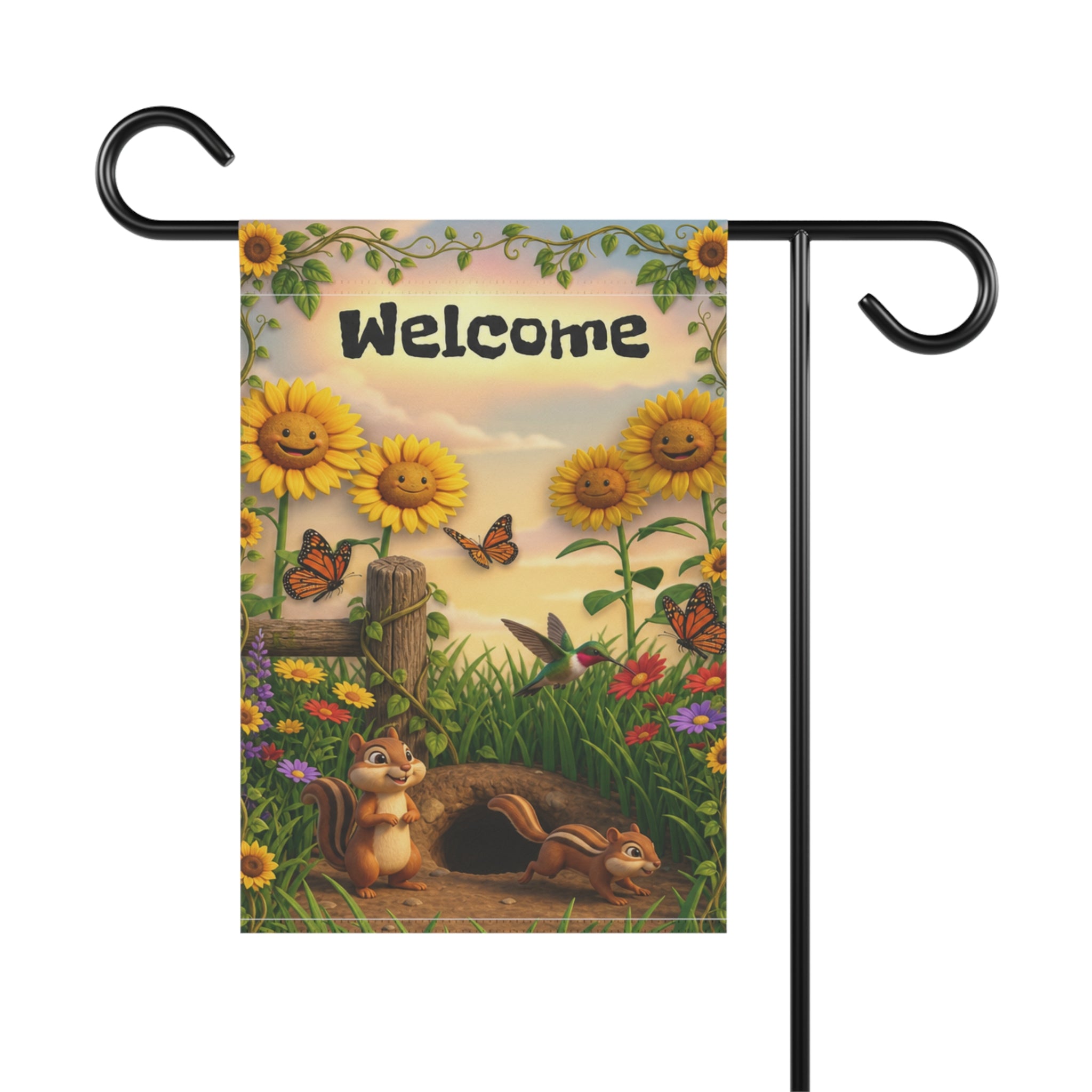 Chipmunks & Sunflowers Welcome Banner flag | Garden House Porch Decor
