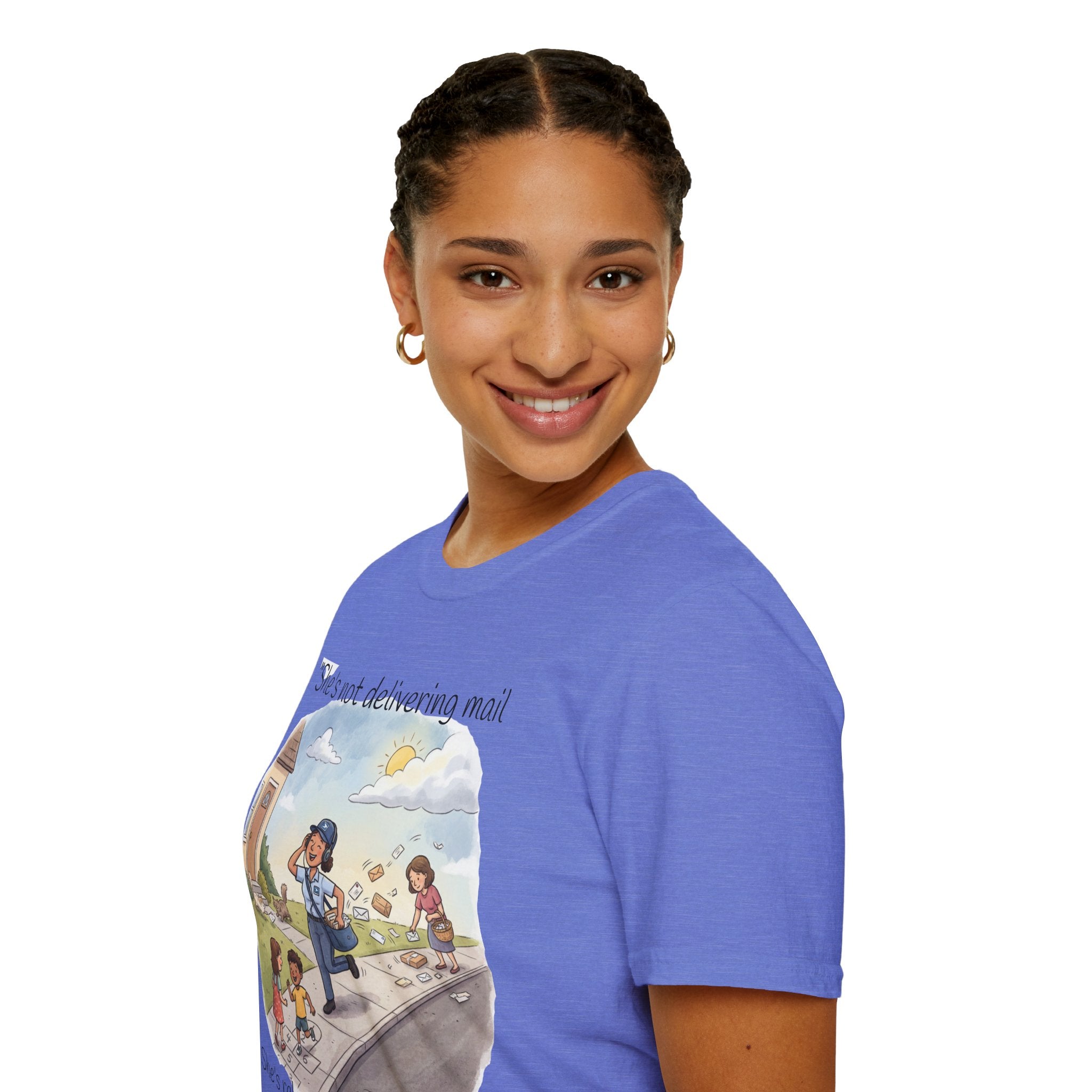 T‑Shirt – "She’s not delivering mail, she’s delivering a little wind" Cute Postal Worker Illustration Tee