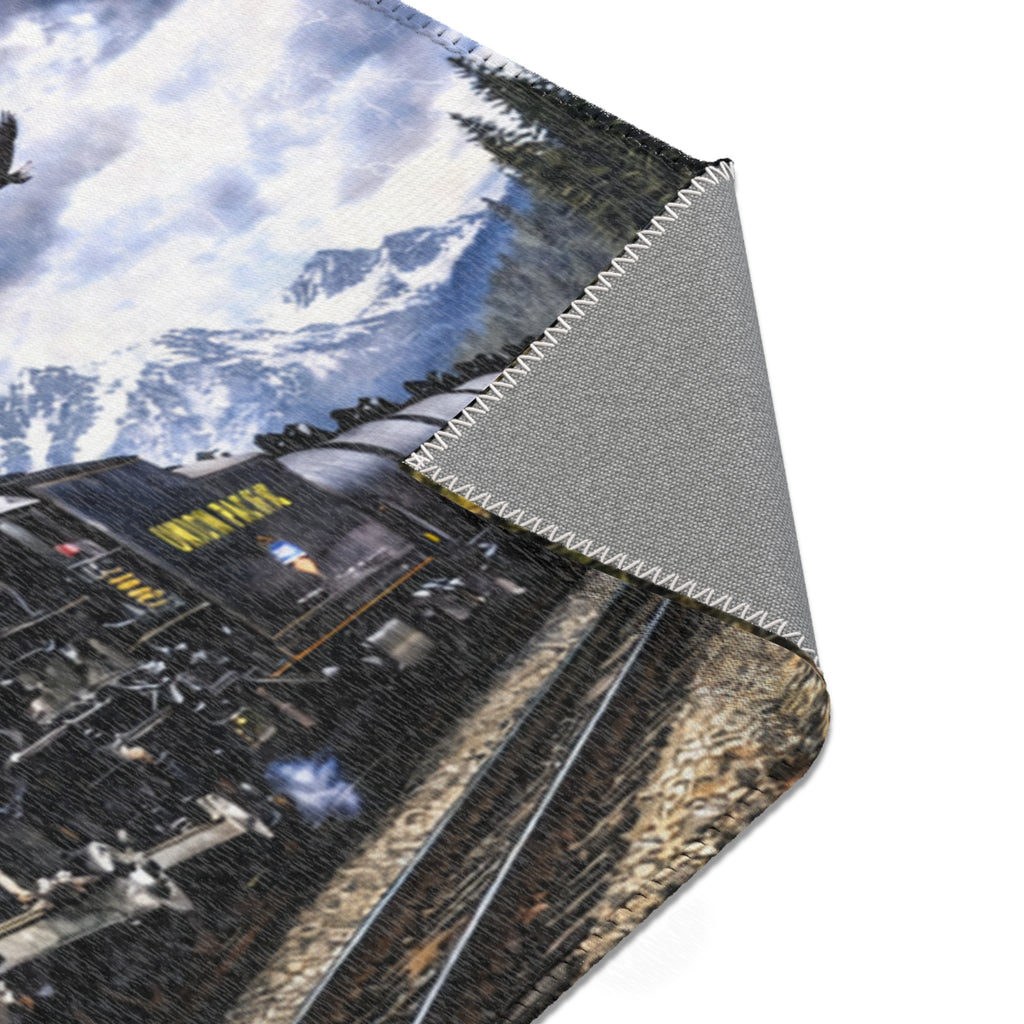 Vintage Steam Locomotive Area Rug | Train Engine Mountain Scene