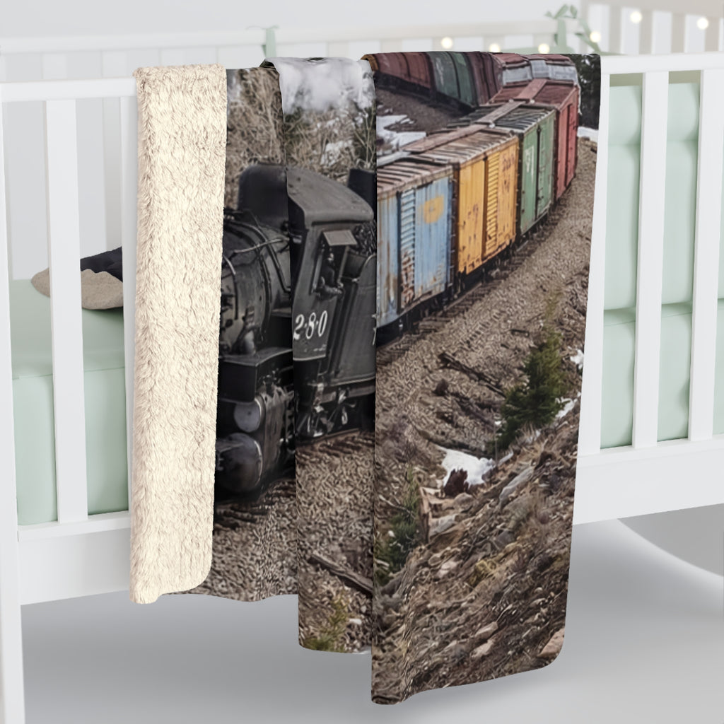 Sherpa Fleece Blanket Vintage Steam Train Mountain Route