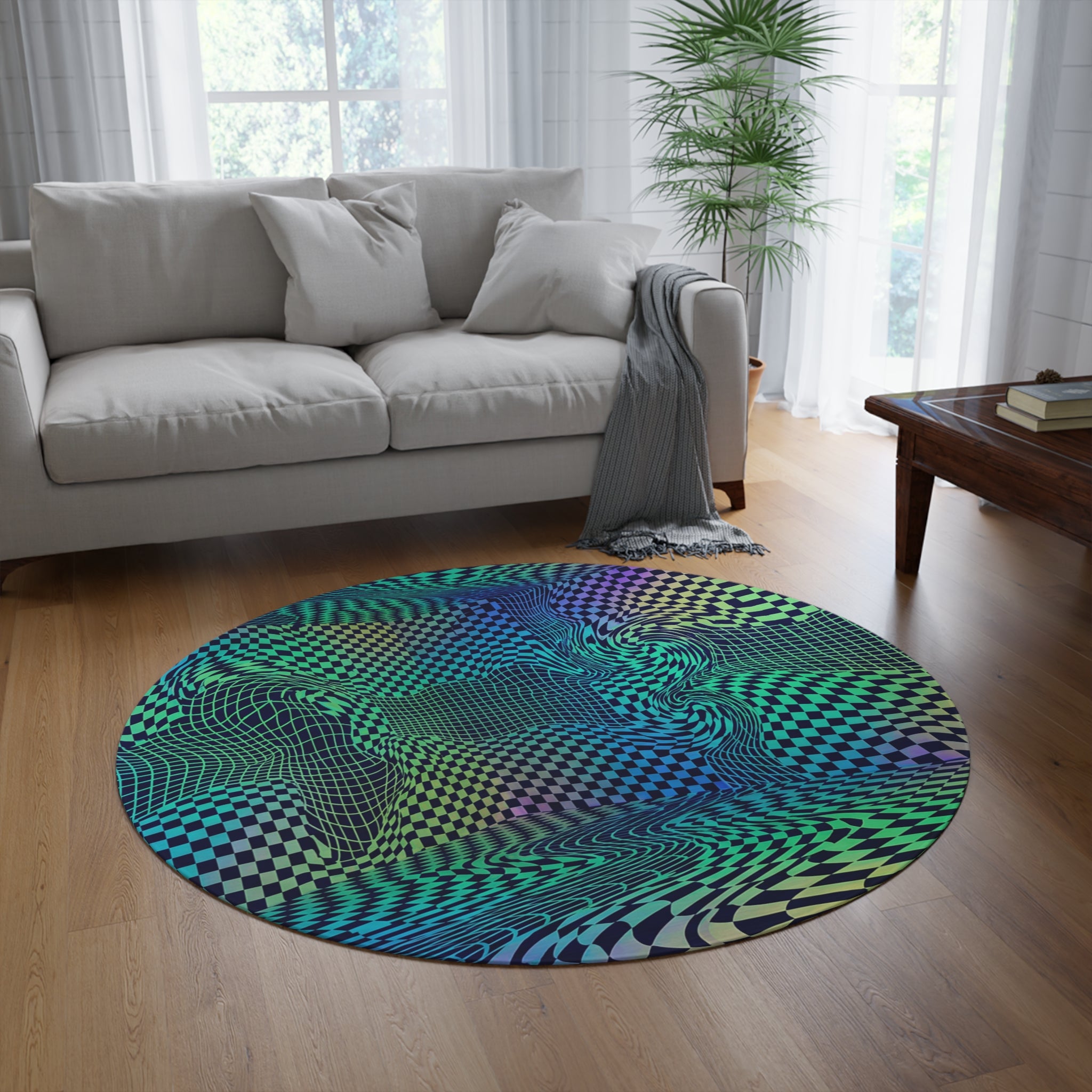 Psychedelic Checkered Warp Round Rug | Optical Illusion Floor Mat