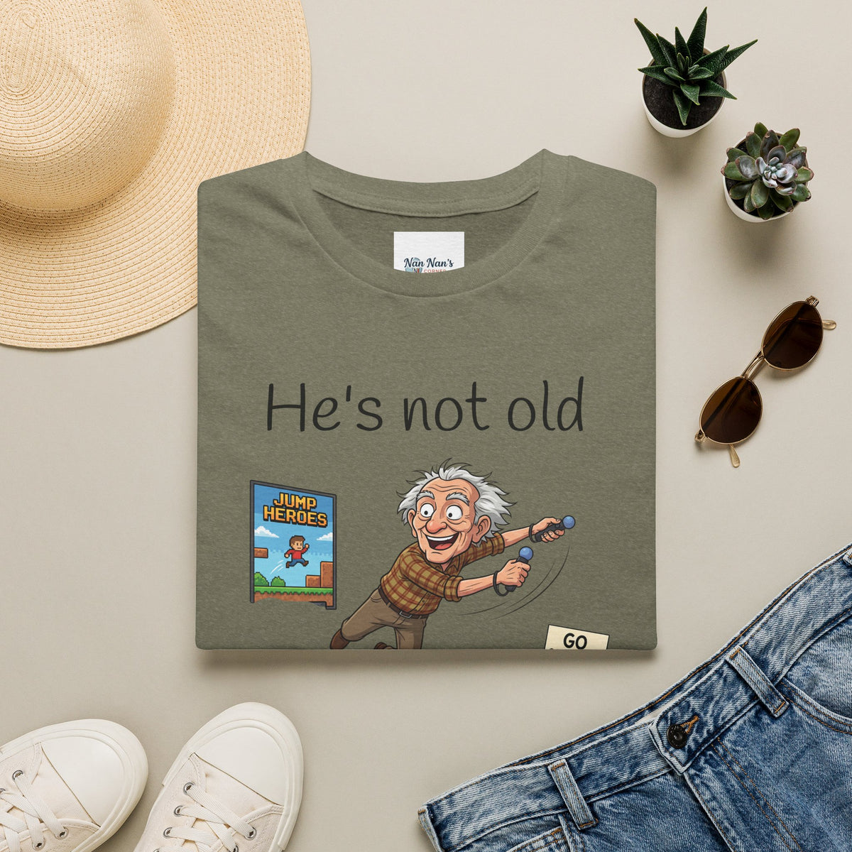 He's Not Old Funny Gamer Grandfather Unisex Graphic T-Shirt – Novelty Gaming Cotton Tee