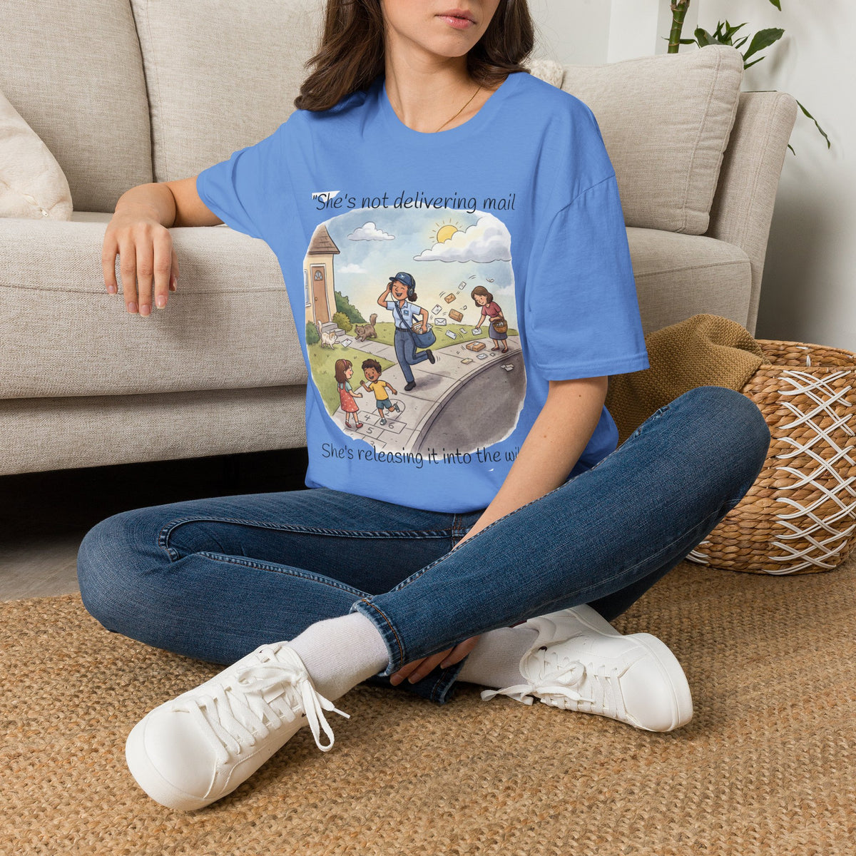 T‑Shirt – "She’s not delivering mail, she’s delivering a little wind" Cute Postal Worker Illustration Tee