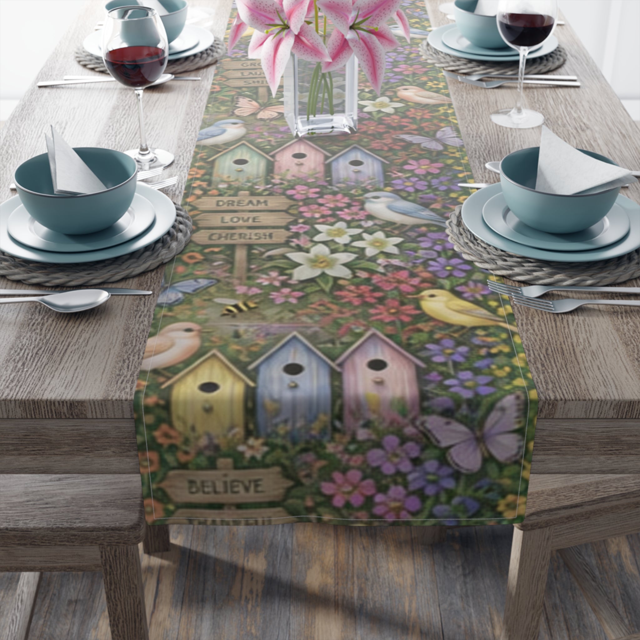 Floral Garden Birds Bees Butterflies Table Runner
