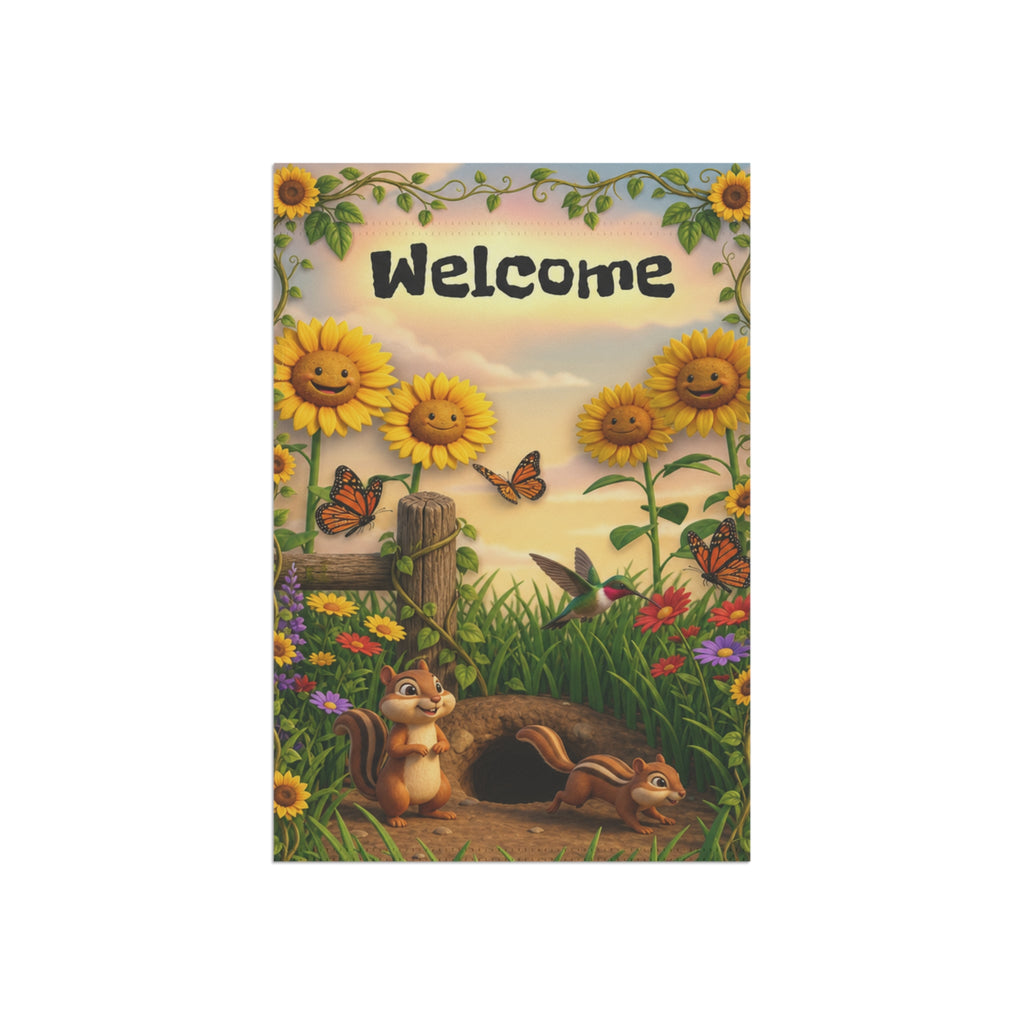 Chipmunks & Sunflowers Welcome Banner flag | Garden House Porch Decor