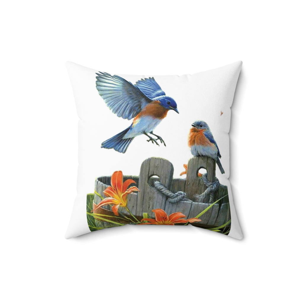 Bluebird Decorative Pillow / Garden Birds & Orange Lily Floral Throw Pillow