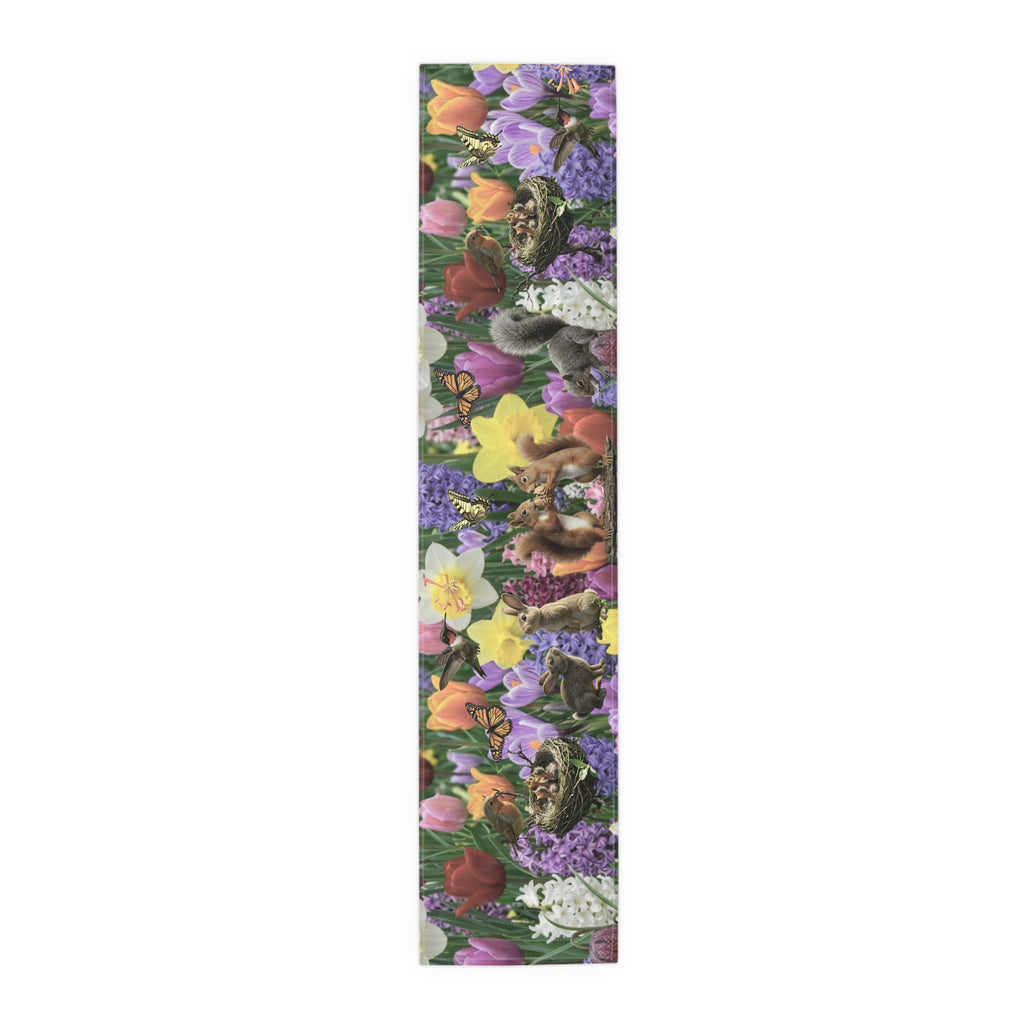 Spring Garden Birds Table Runner | Floral Tulip & Daffodil Dining Decor