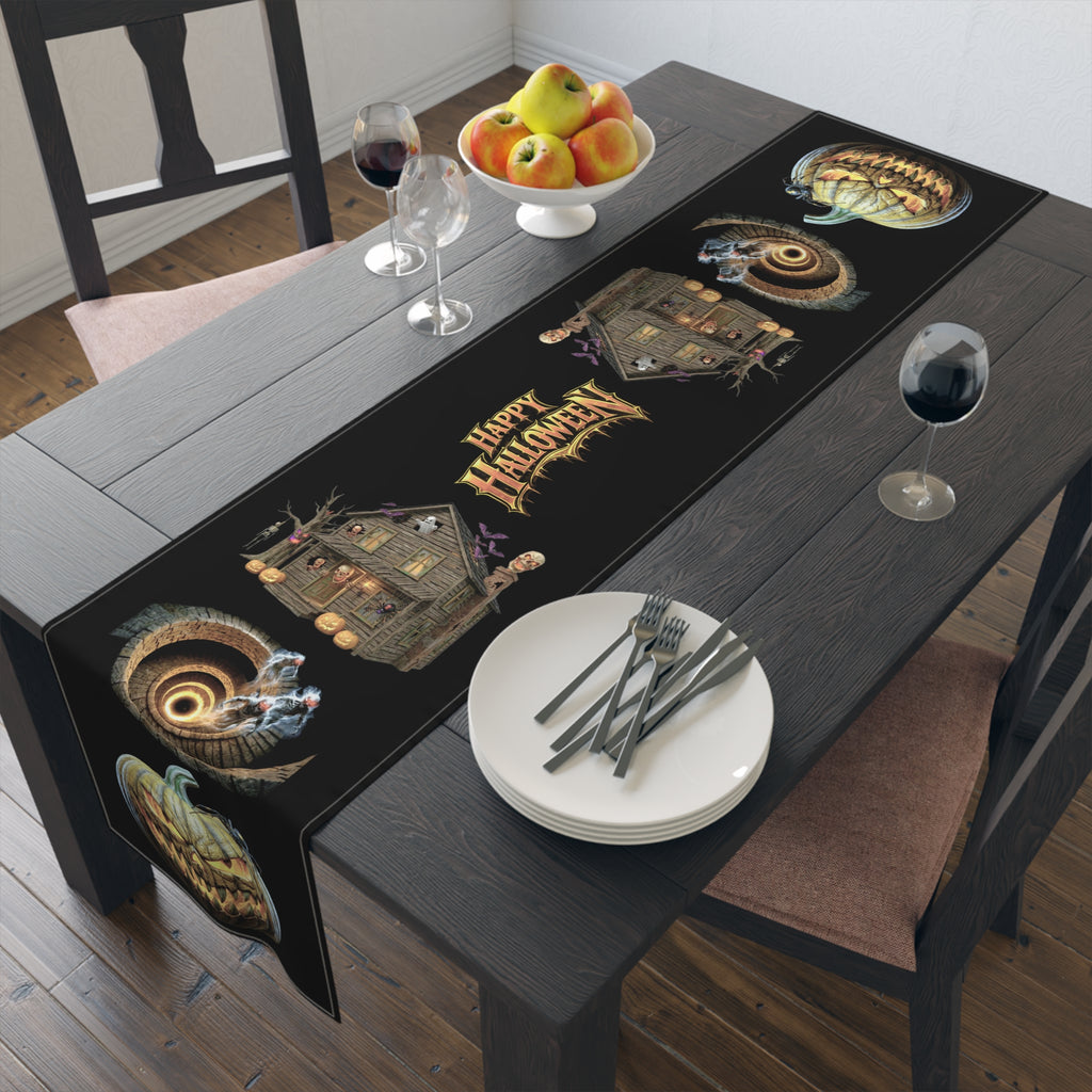 Jack-O'-Lantern & Haunted House Table Runner | Vintage Halloween Storybook Decor