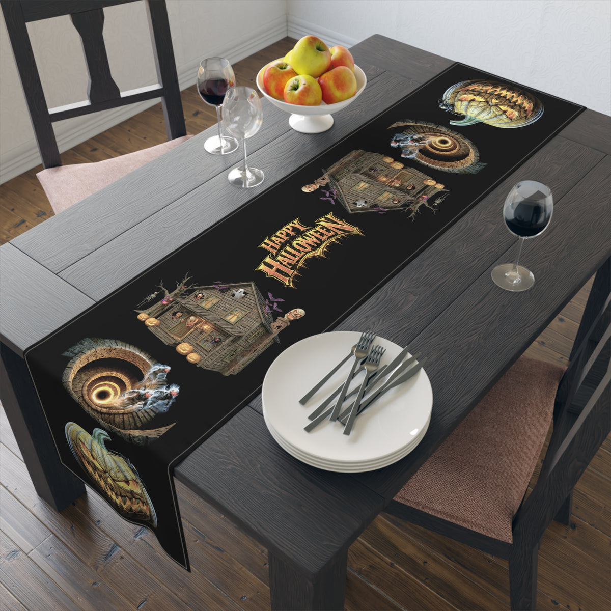 Jack-O'-Lantern & Haunted House Table Runner | Vintage Halloween Storybook Decor