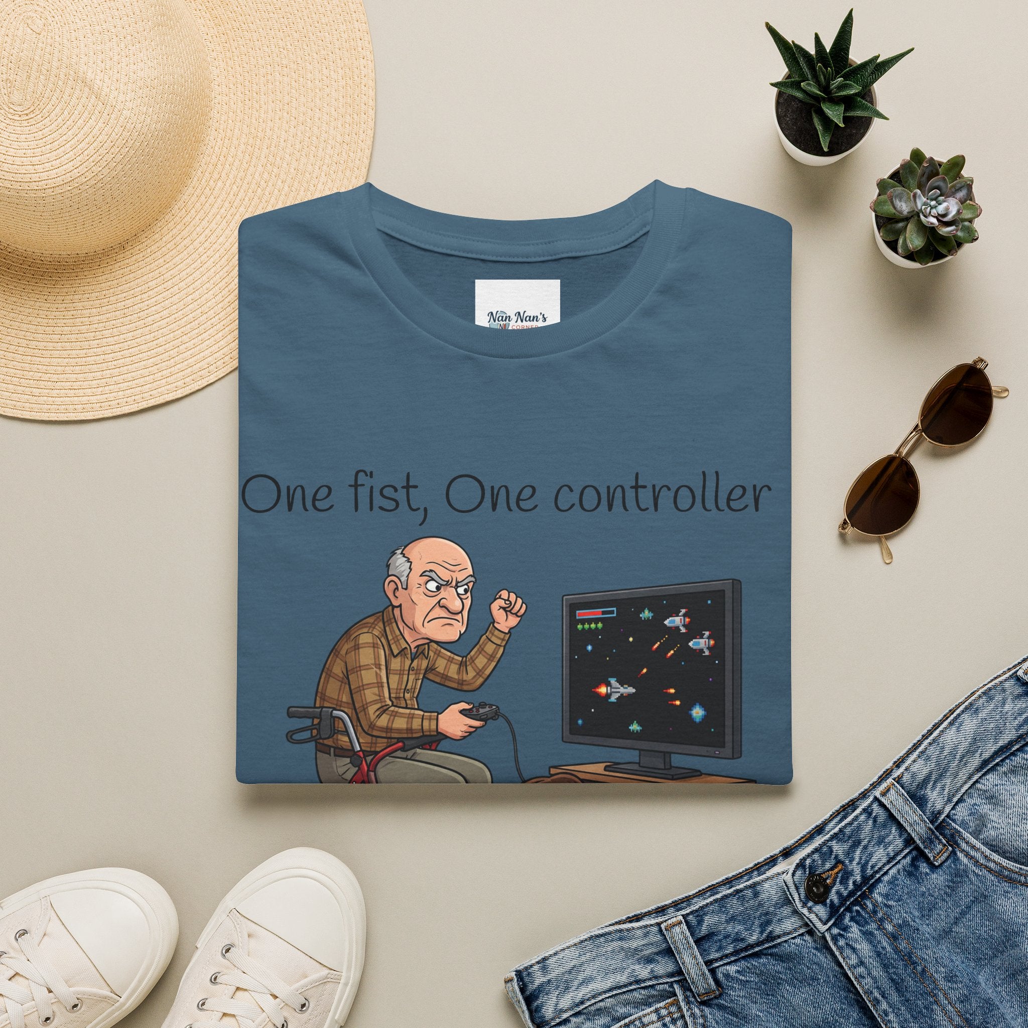 One Fist One Controller Zero Patience Grandpa Unisex Graphic T-Shirt – Funny Gaming Cotton Tee