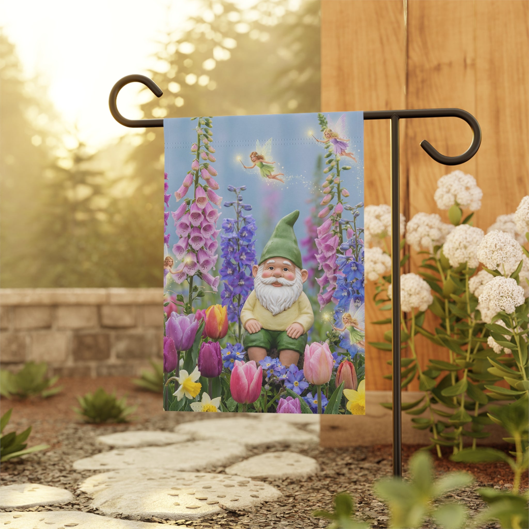 Gnome in Tulip Garden Banner | Garden Flag, Spring Floral Yard Decor