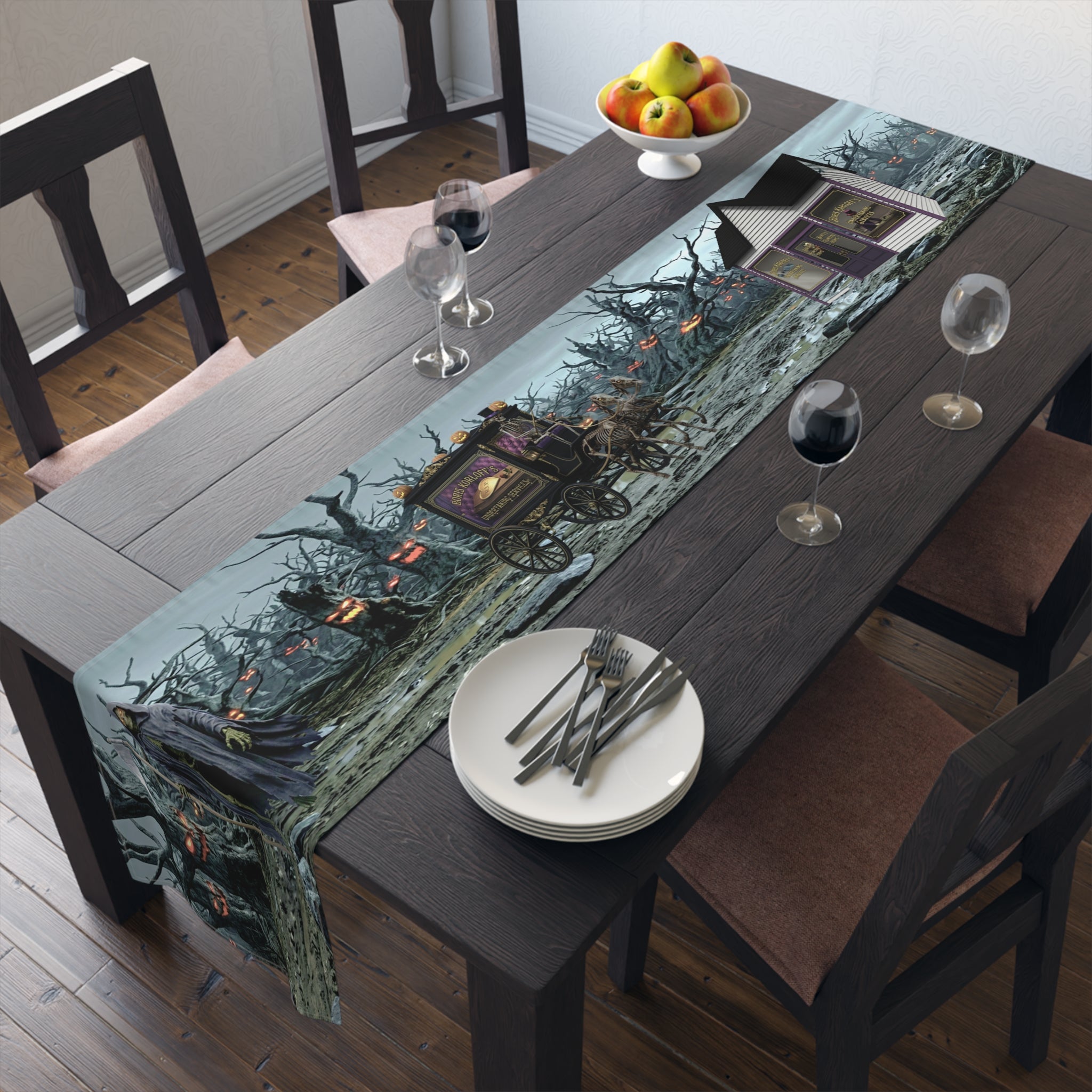 Haunted Hearse Carriage Table Runner | Halloween Spooky Graveyard Scene