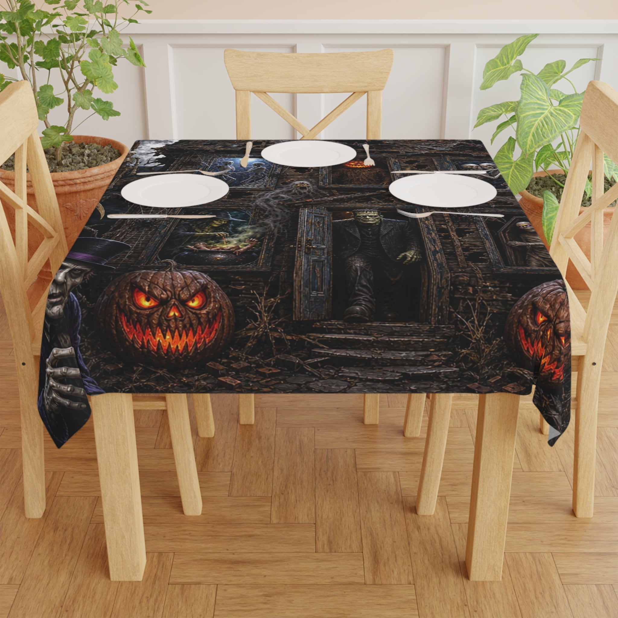 Spooky Haunted House Halloween Tablecloth — Creepy Pumpkin & Ghosts Party Decor