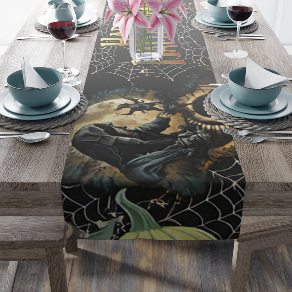 Halloween Spiderweb Table Runner | Full Moon, Bats & Vintage Illustration – Spooky Table Decor