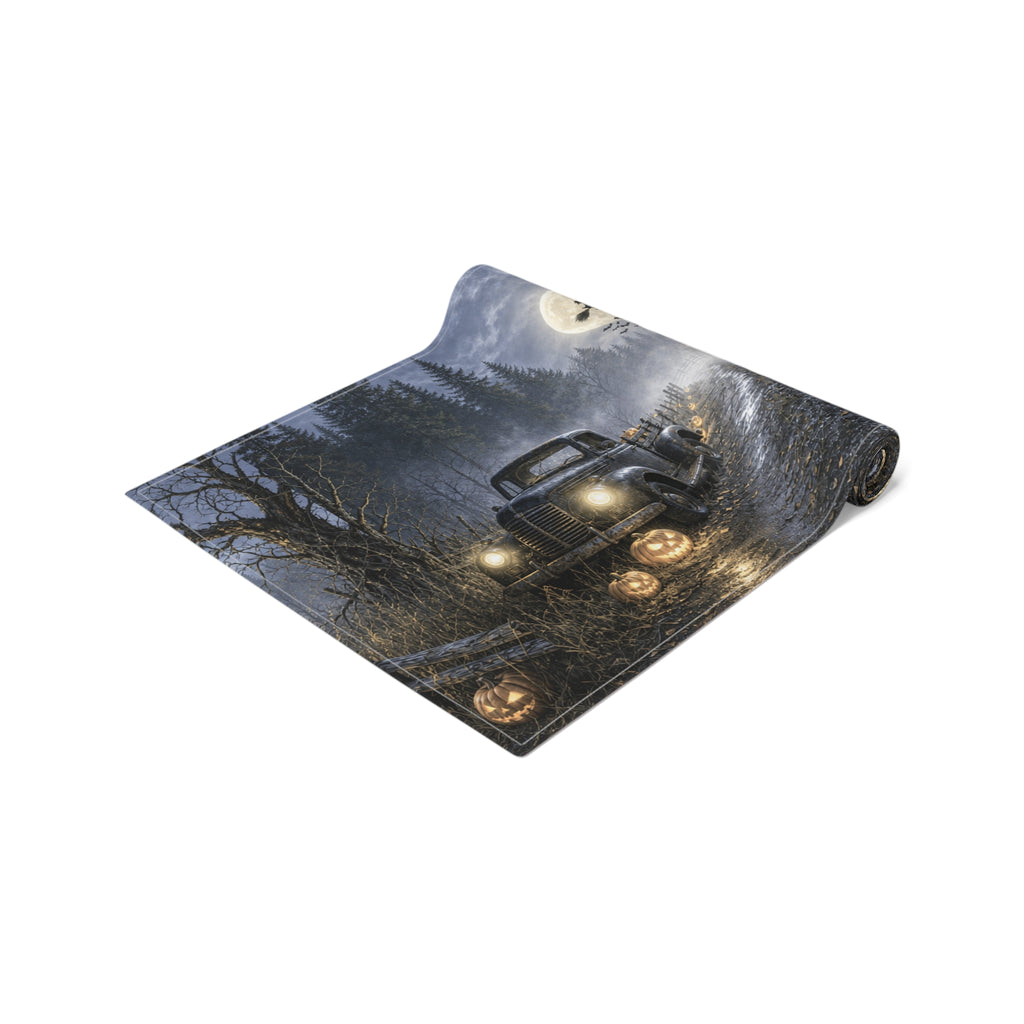 Spooky Truck Halloween Table Runner | Pumpkin Lined Road, Full Moon