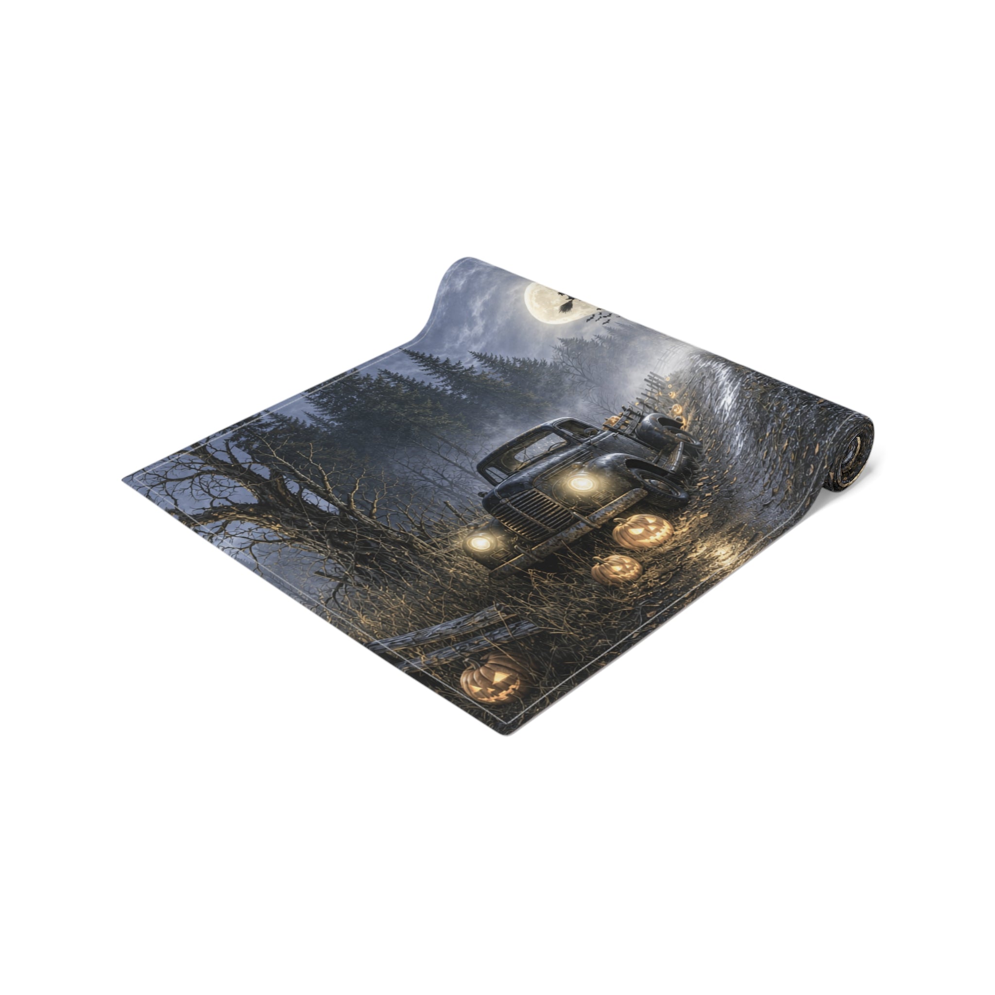 Spooky Truck Halloween Table Runner | Pumpkin Lined Road, Full Moon