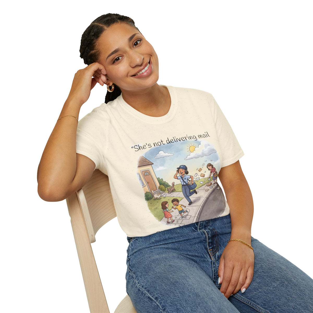T‑Shirt – "She’s not delivering mail, she’s delivering a little wind" Cute Postal Worker Illustration Tee