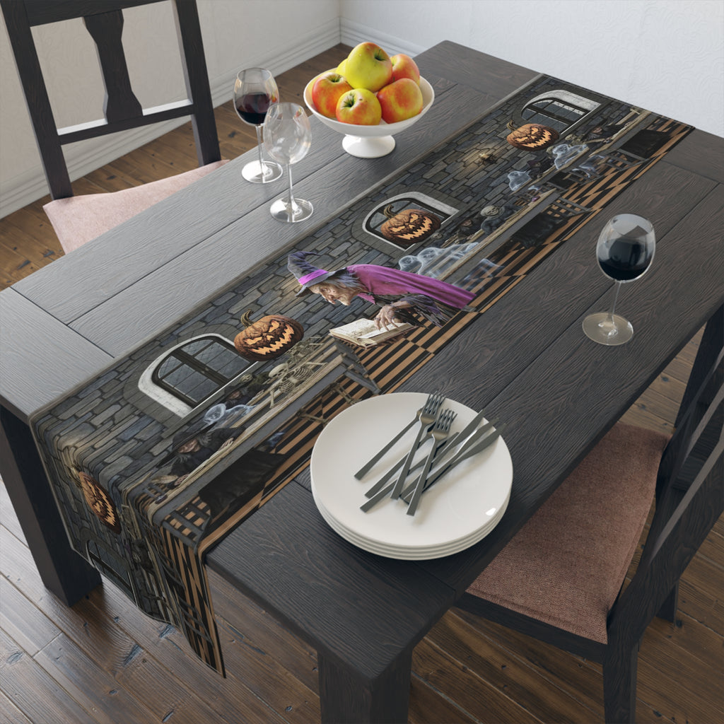 Haunted Library Table Runner | Shadowed Books, Vintage Bottles & Gothic Scene – Halloween Decor