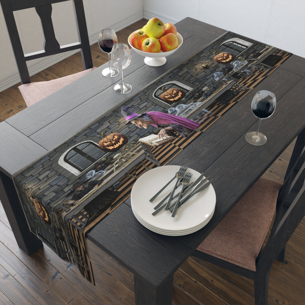 Haunted Library Table Runner | Shadowed Books, Vintage Bottles & Gothic Scene – Halloween Decor