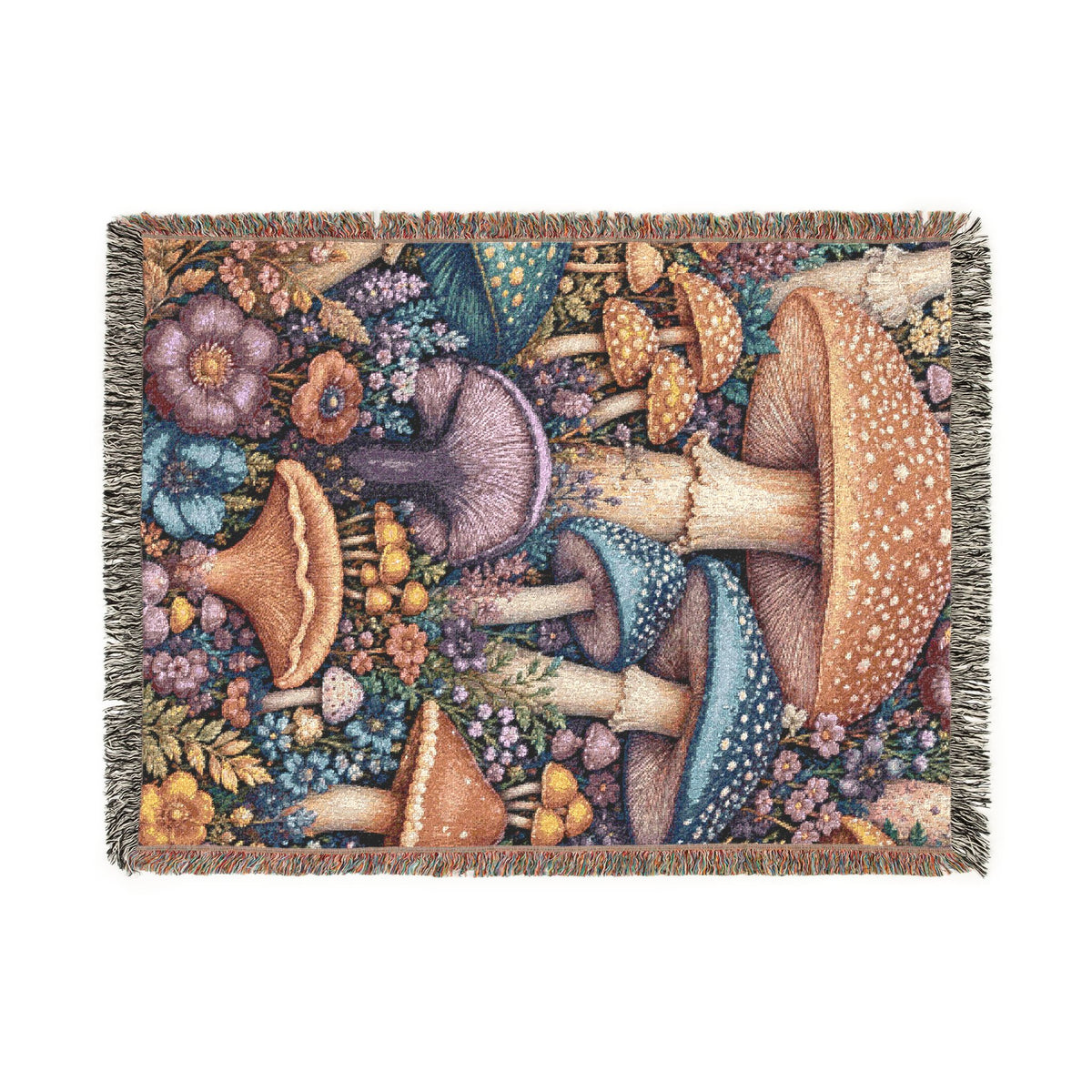 Mushroom Meadow Woven Blanket - Fungi Tapestry Throw