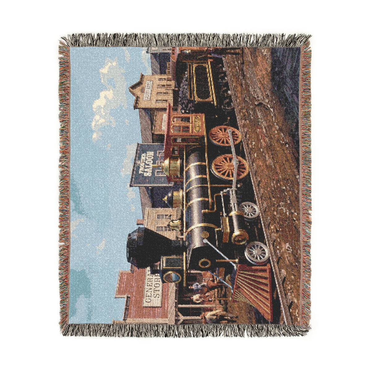Vintage Steam Locomotive Woven Blanket | Western Town Train Throw
