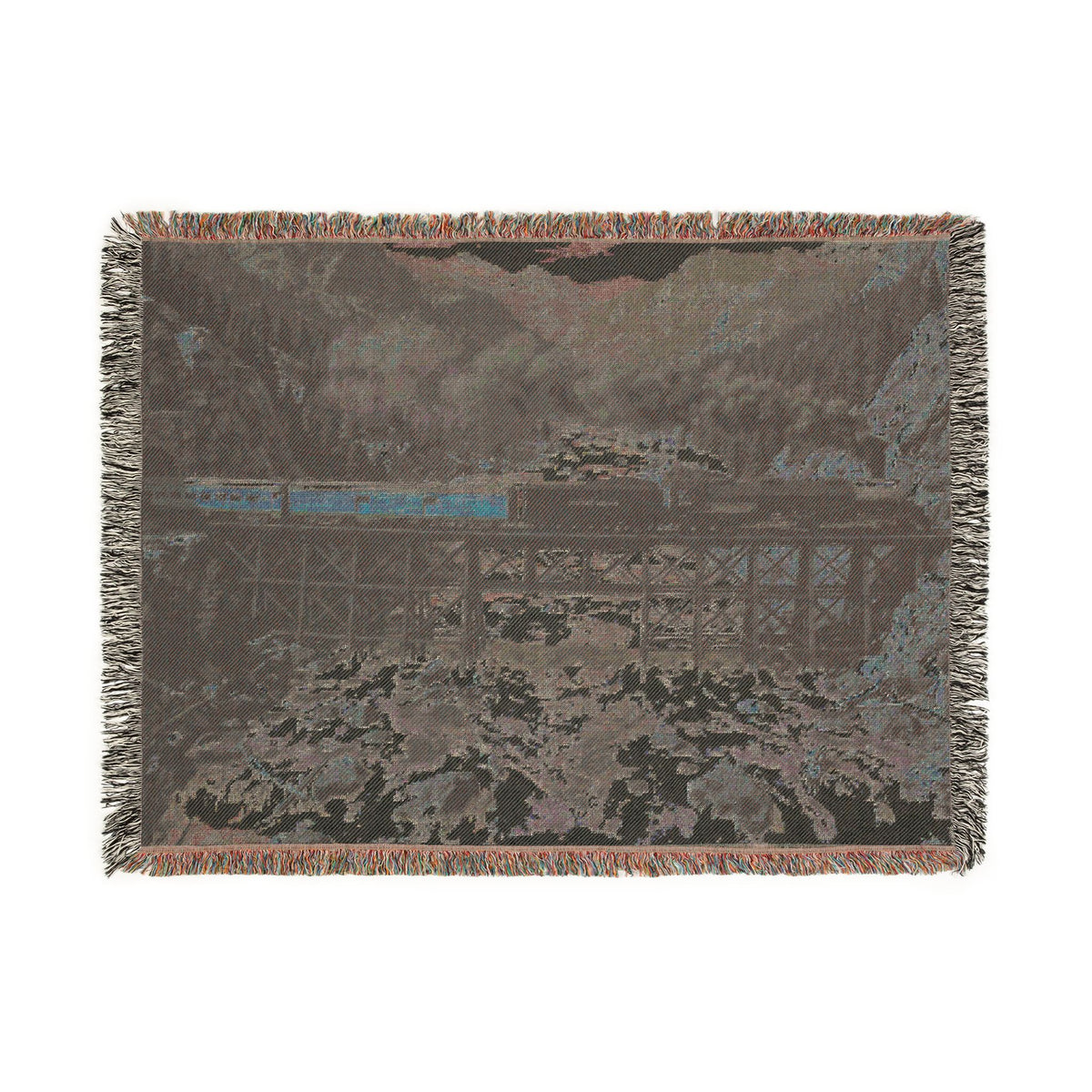 Mountain Train Landscape Woven Blanket | Scenic River Throw