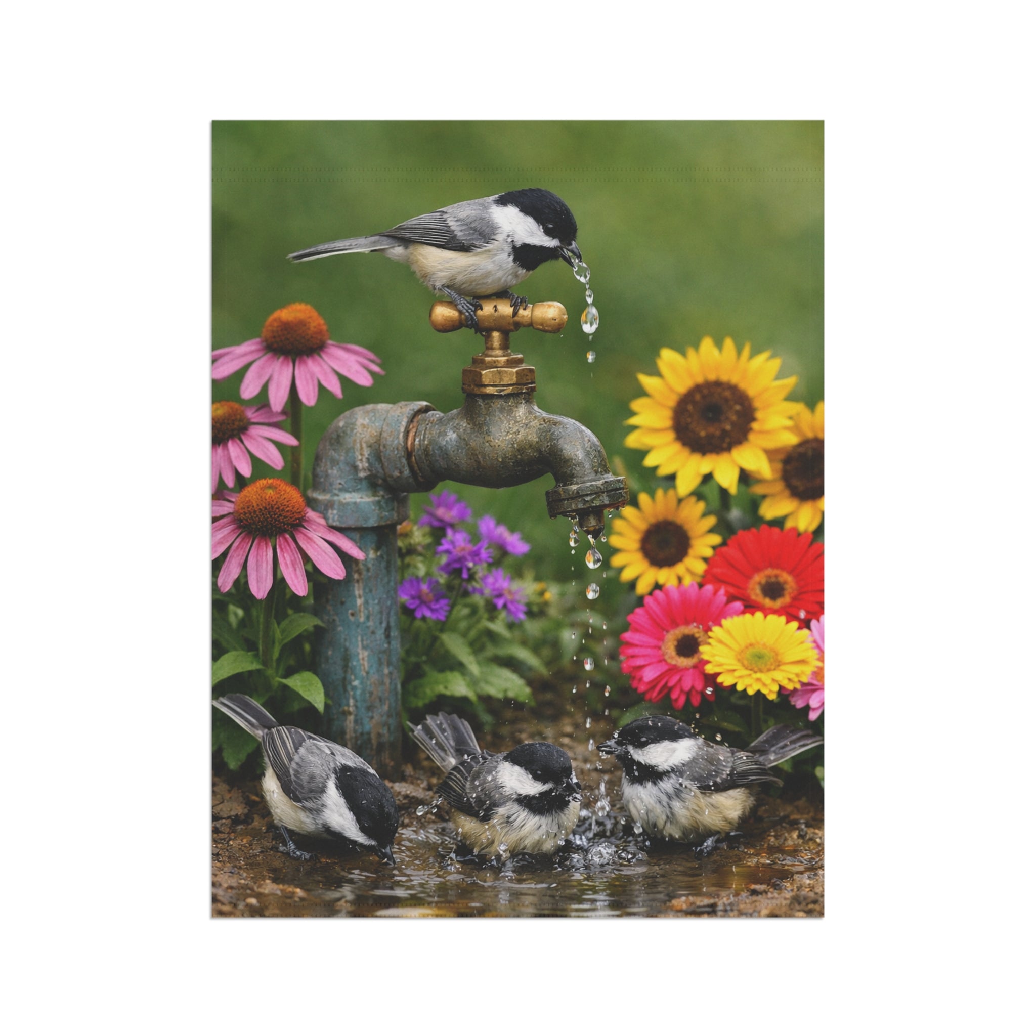 Chickadee Birds on Faucet Garden Flag