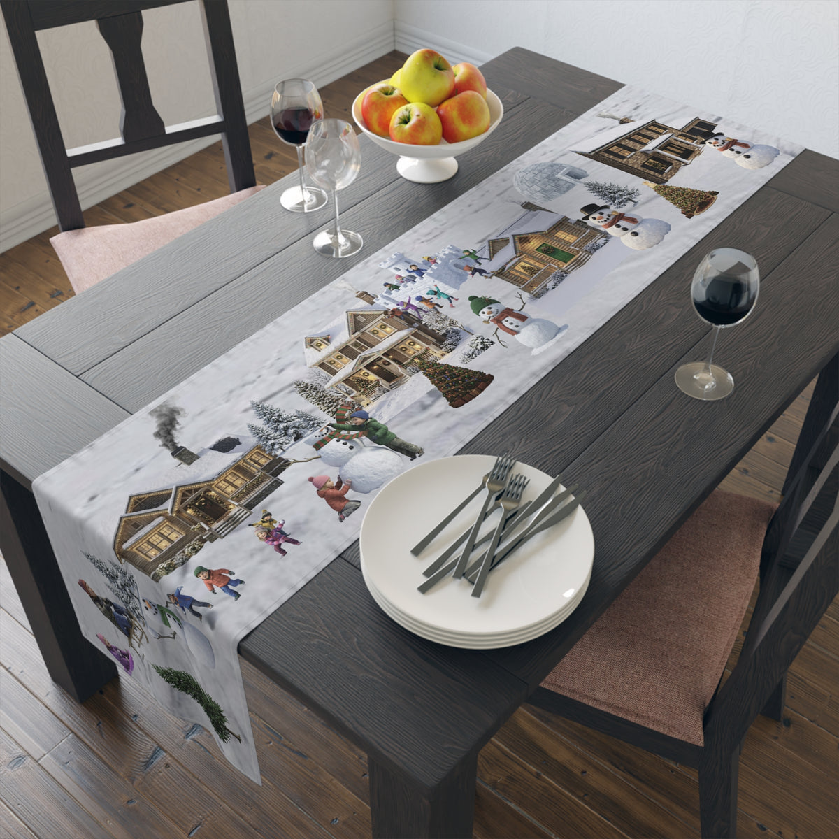 Storybook Snowman Village Table Runner | Winter Wonderland Holiday Decor