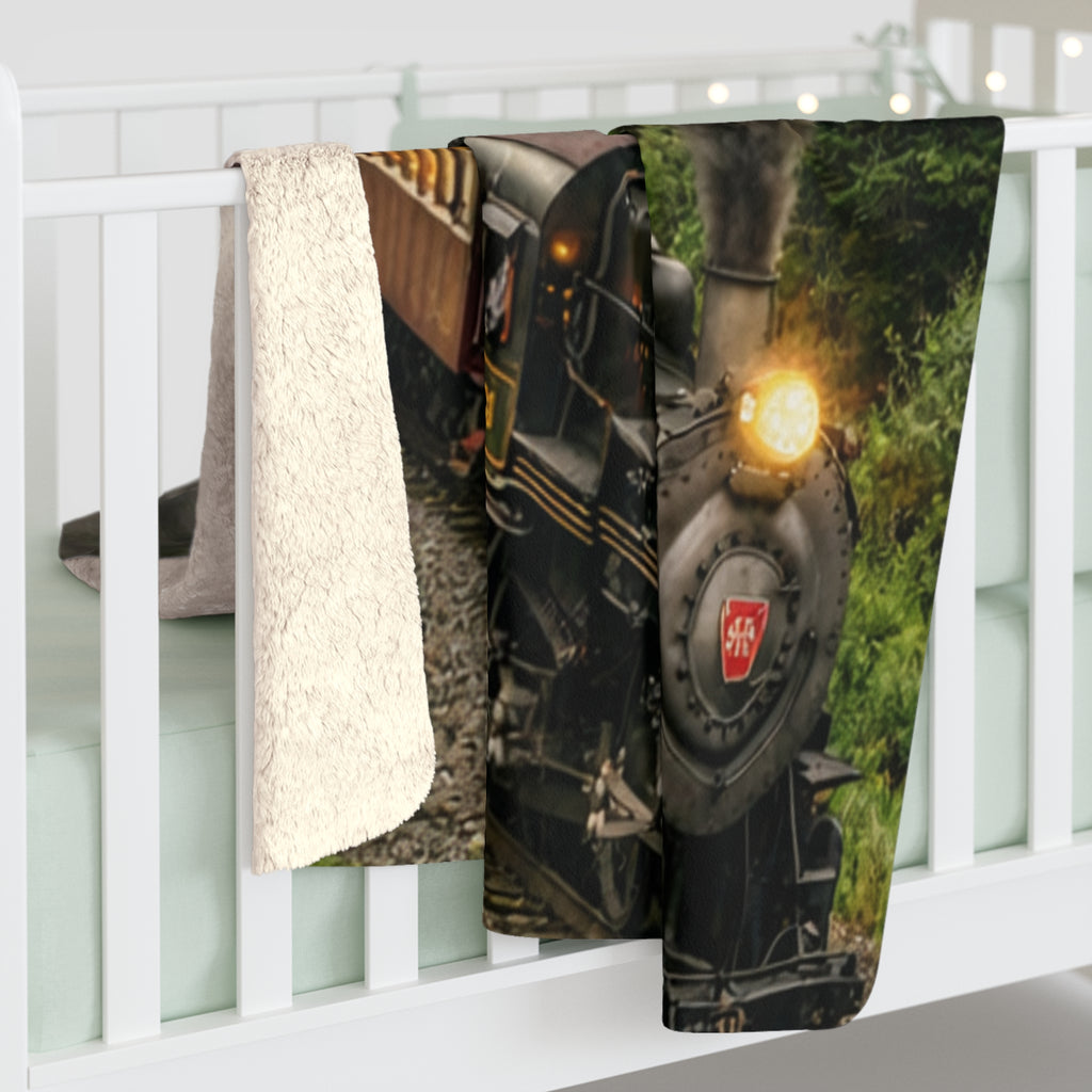 Vintage Steam Train Sherpa Fleece Blanket | Scenic Railroad Throw