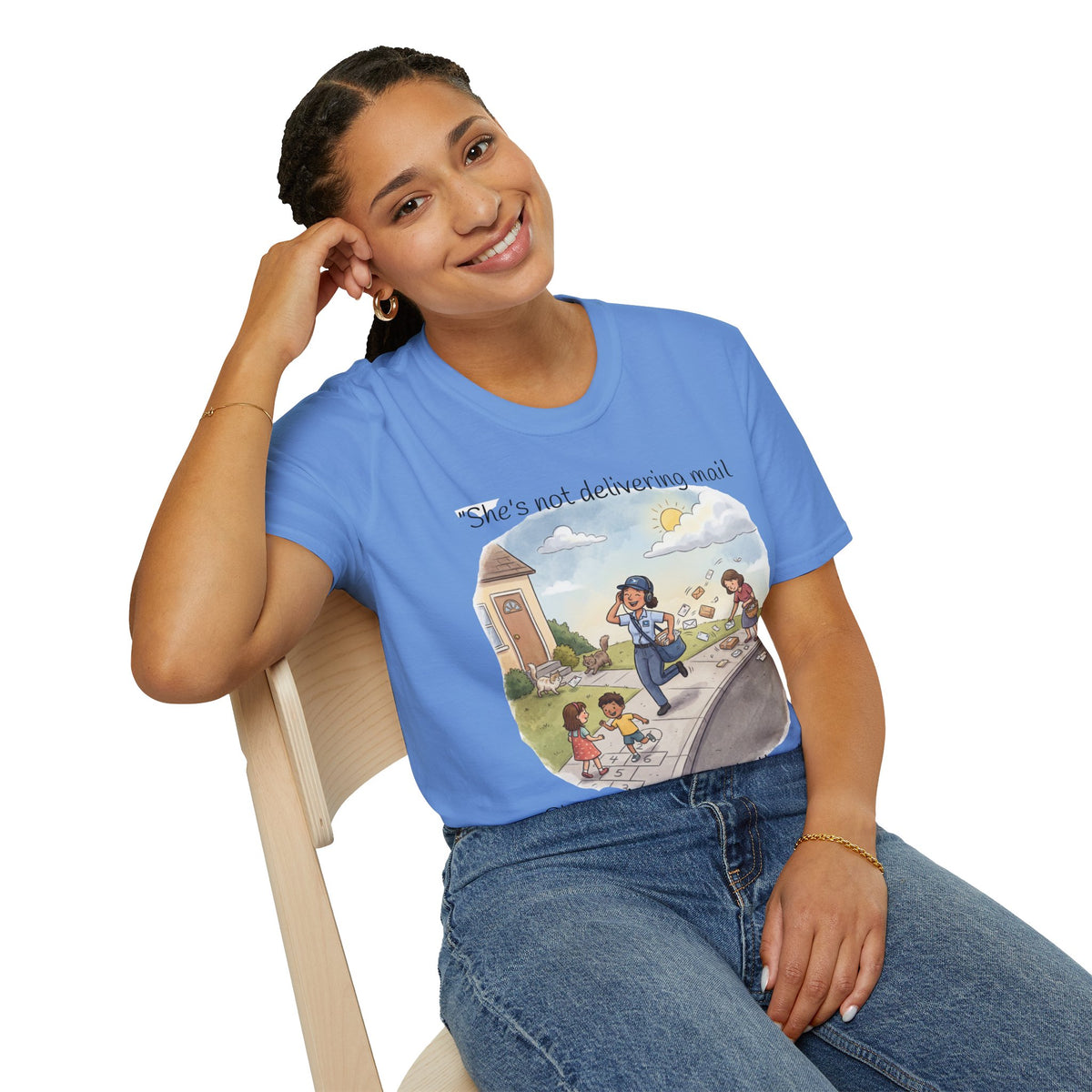 T‑Shirt – "She’s not delivering mail, she’s delivering a little wind" Cute Postal Worker Illustration Tee